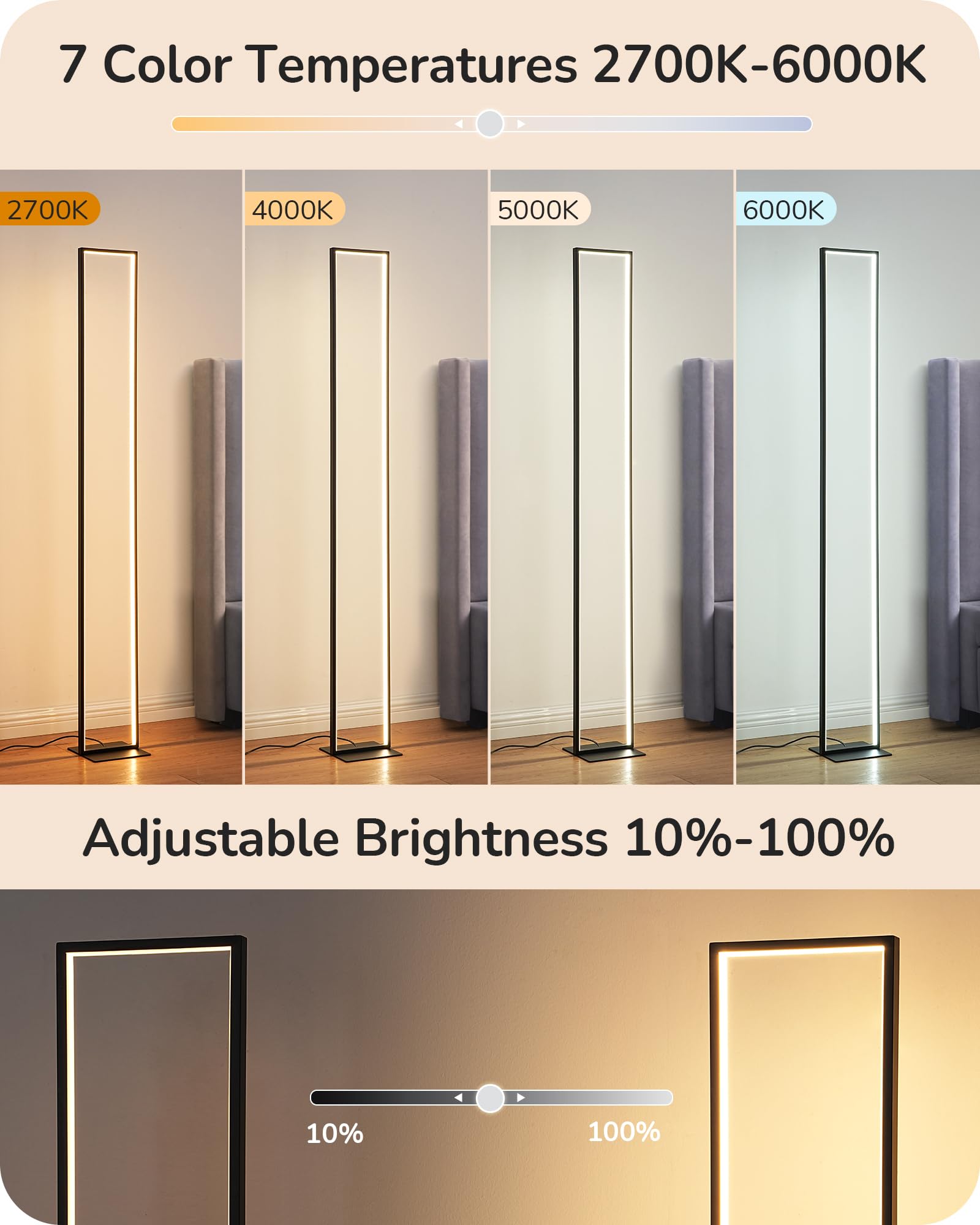 EDISHINE LED Floor Lamp, 55" Modern Dimmable Corner Light, Remote & Foot Switch, Black, Aluminum, Model HFLCD1B