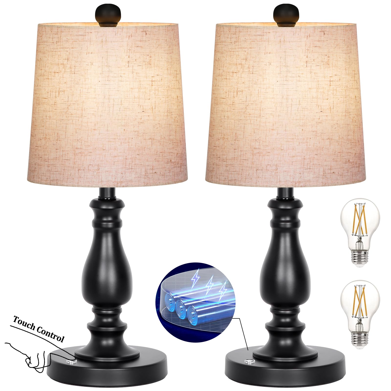 Dott Arts Cordless Table Lamps Set of 2, 3-Way Dimmable, Battery Powered, Metal, Black, Model BTL4W-017
