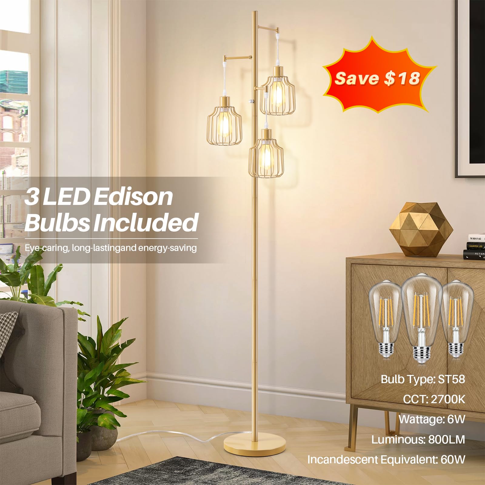 Dimmable Floor Lamp With 3 Led Edsion Bulbs, Farmhouse Tall Standing Lamp For Living Room, Modern Gold Tree Floor Lamp, Bright V