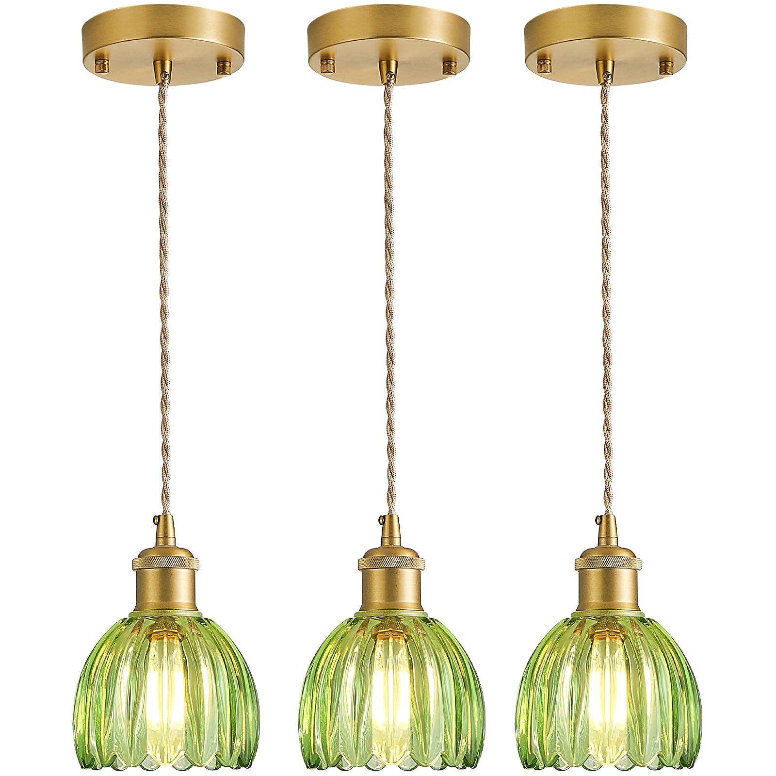 DIKAIDA Kitchen Pendant Lights Over Island, Vintage Hanging Lamp with Green Tulip Glass Lampshade, Mini Gold Pendant Light Fixtu
