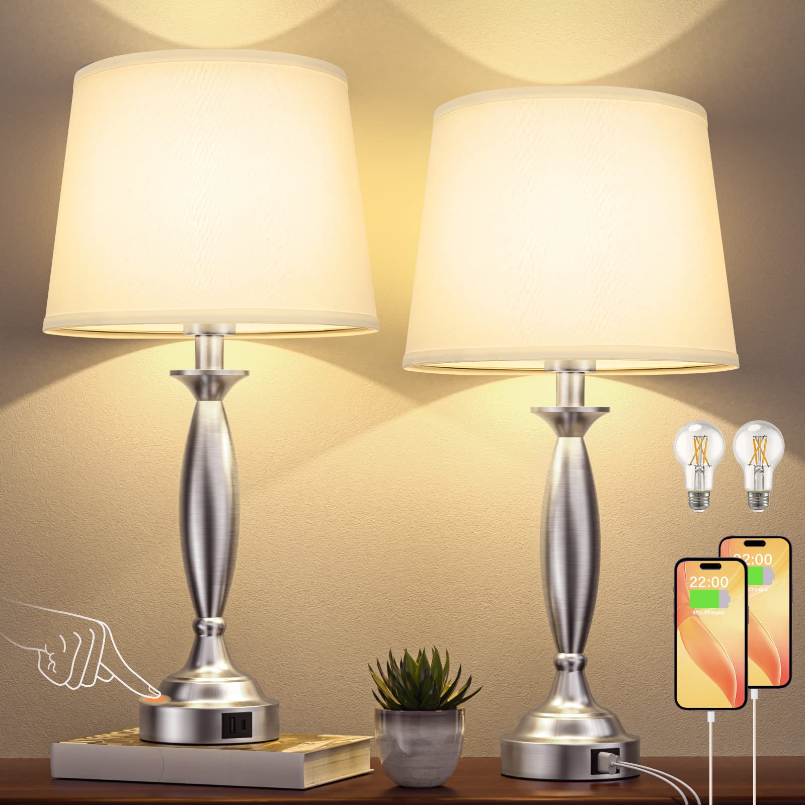 Seealle Touch Control Bedside Lamps Set of 2 - 3 Way Dimmable, USB Port, Metal, 22.5in, White Shade and Nickel Base