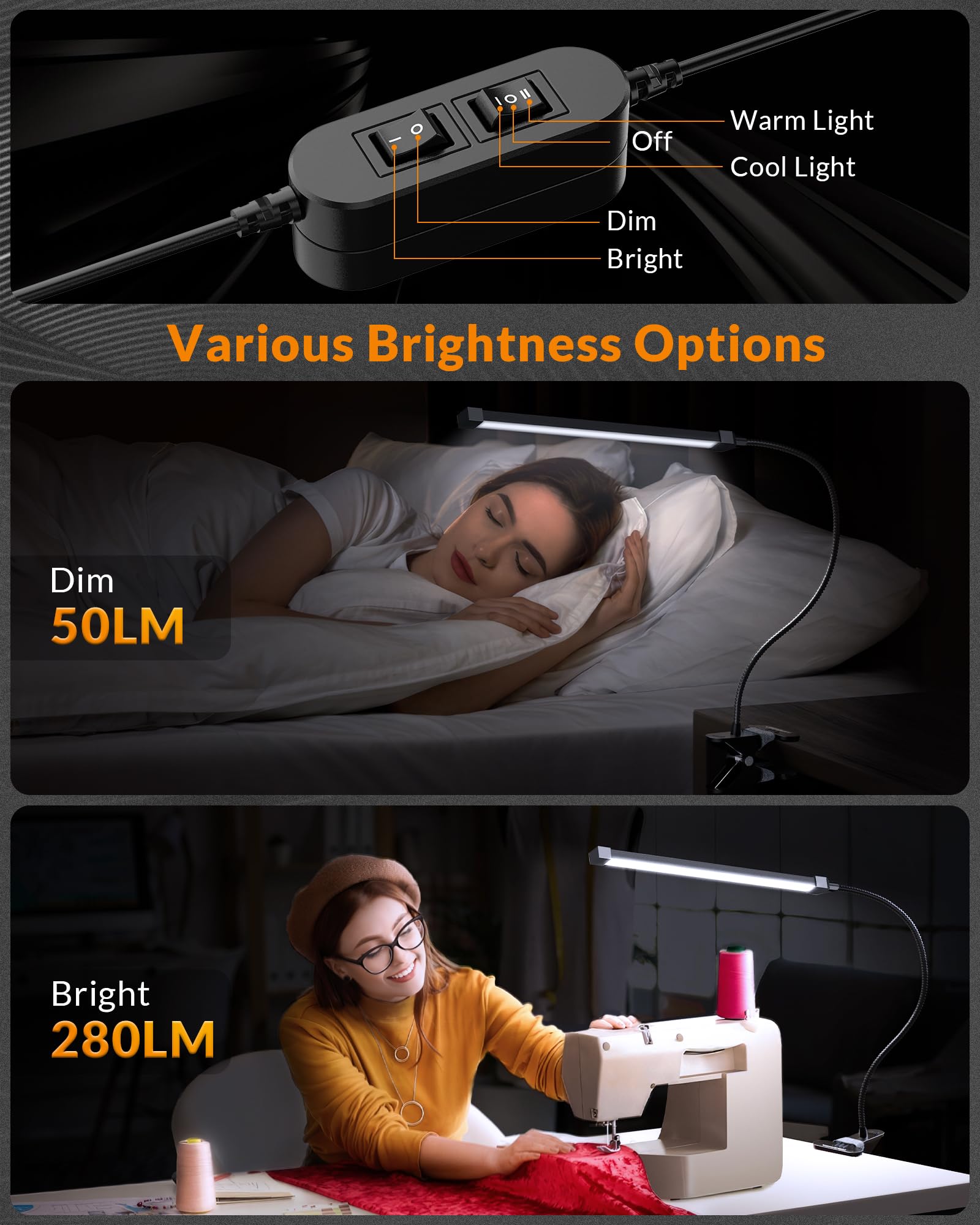 LEPOWER 5W Clip-On LED Light, Adjustable Color Temp, Gooseneck, Black, Model 90801-05, Ideal for Reading and Piano Use