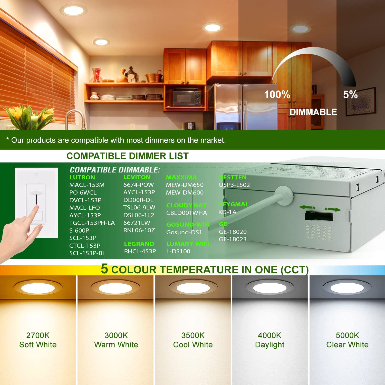 Zouzai 1 Pack 4 Inch 5Cct Ultra-Thin Led Recessed Ceiling Light With Junction Box, 2700K/3000K/3500K/4000K/5000K Selectable, 9W Eqv 80W, Dimmable, Led Can Lights - Etl And Energy Star Certified