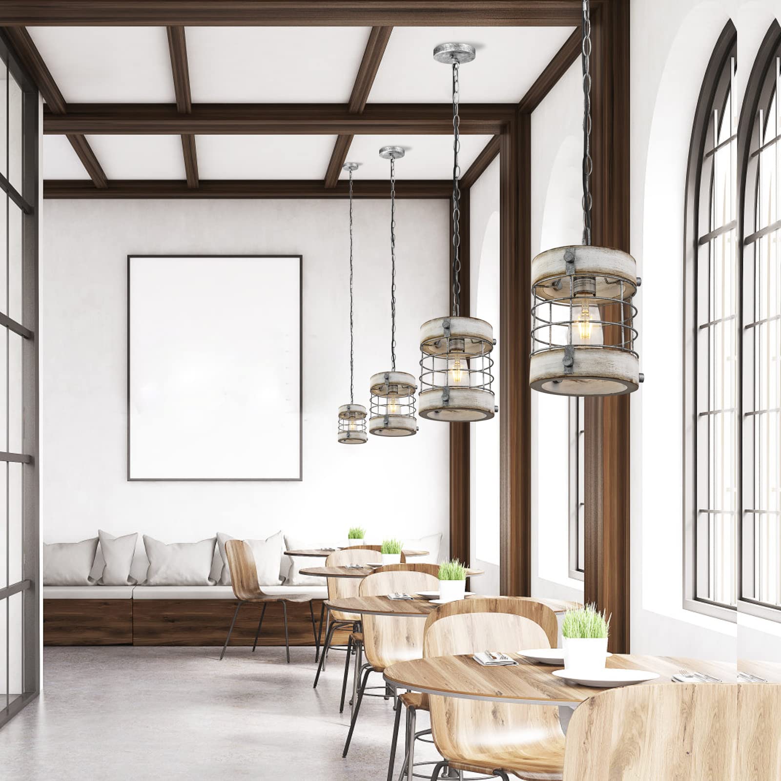 wochos Retro Industrial Metal and Wood Chandelier, 1-Light Pendant Light Fixture for Kitchen Island, White, D 7.9" x H 8.7"