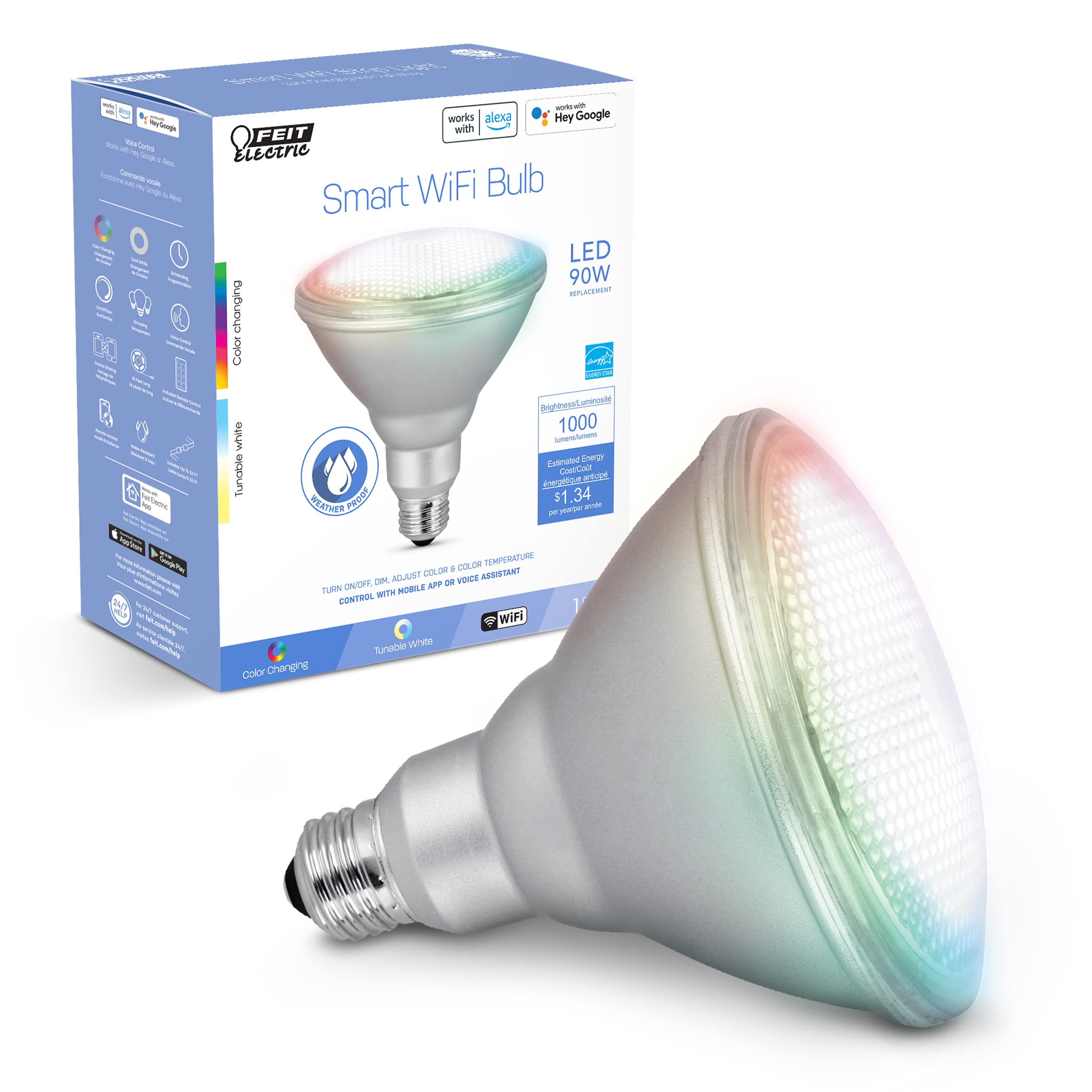 Feit Electric PAR38/RGBW/CA/AG 90 Watt Equivalent WiFi Color Changing and Tunable White, Dimmable, No Hub Required, Alexa or Google Assistant PAR38 LED Smart Light Bulb, Rgbw Multicolor, 5.1&quot;H x 4.7&quot;D