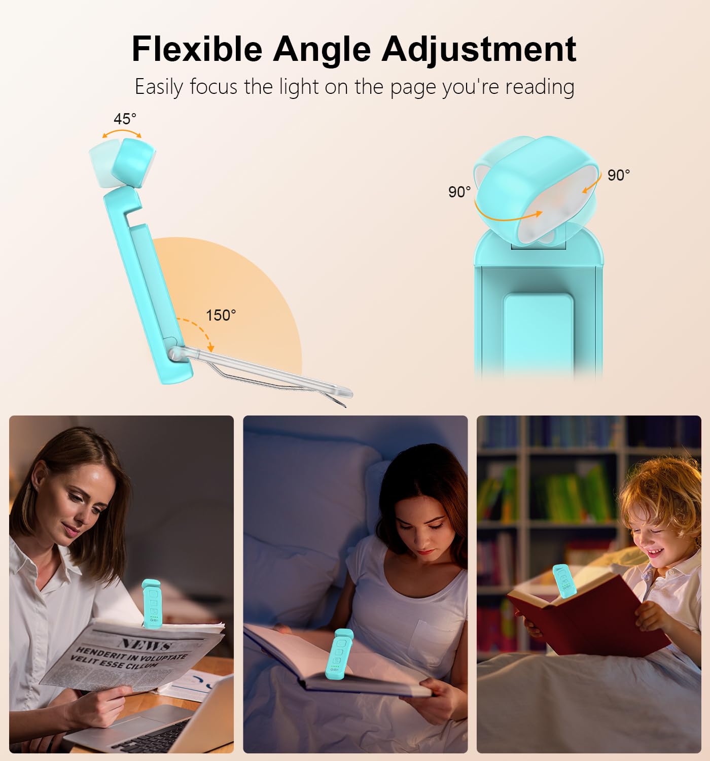 Gritin Rechargeable Book Light - 3 Color Temperatures, 5-Level Dimmable, Compact Clip-On Lamp, Blue, Model G1313