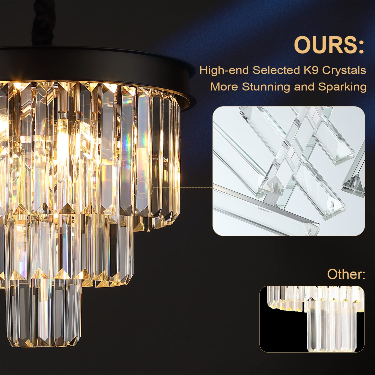 Axilixi Modern Crystal Chandeliers 16” Black Ceiling Pendant Light Fixture 3 Tiers Dimmable Flush Mount Chandeliers Round Raindrop For Living Room Dining Room Foyer Kitchen Entryway
