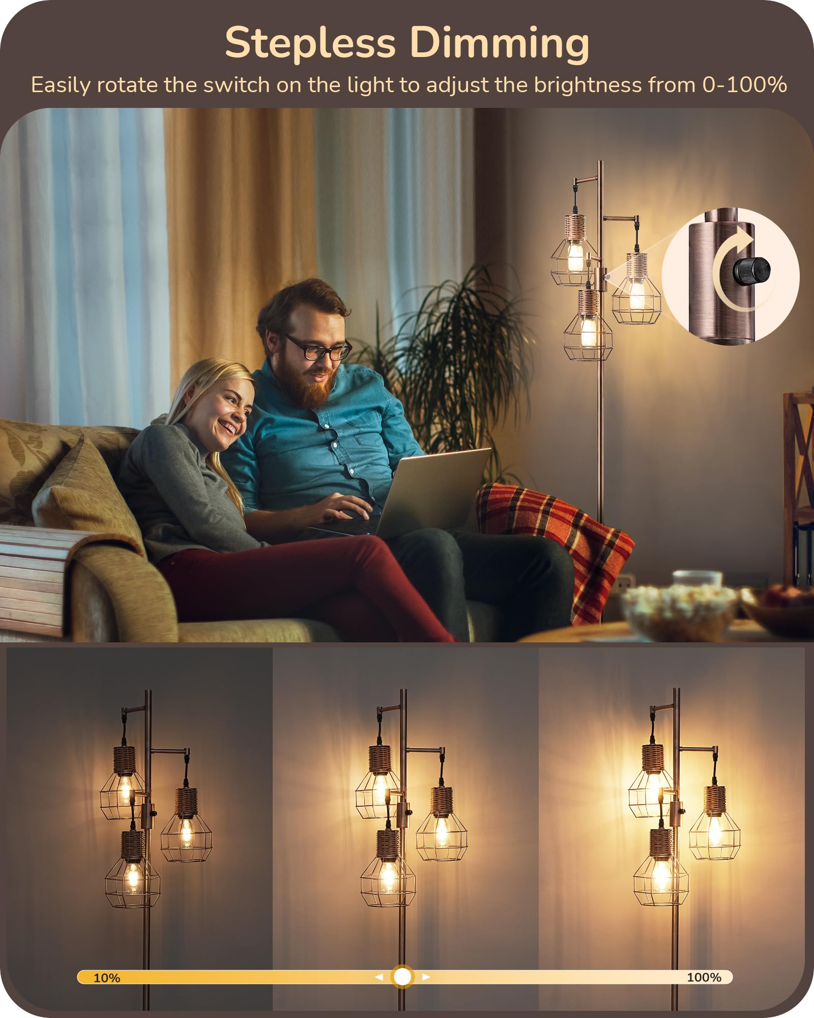 Edishine Dimmable Rustic Floor Lamp, Farmhouse Standing Lamp With 3 Led Edison Bulbs, Rattan Design Floor Lamps For Living Room,