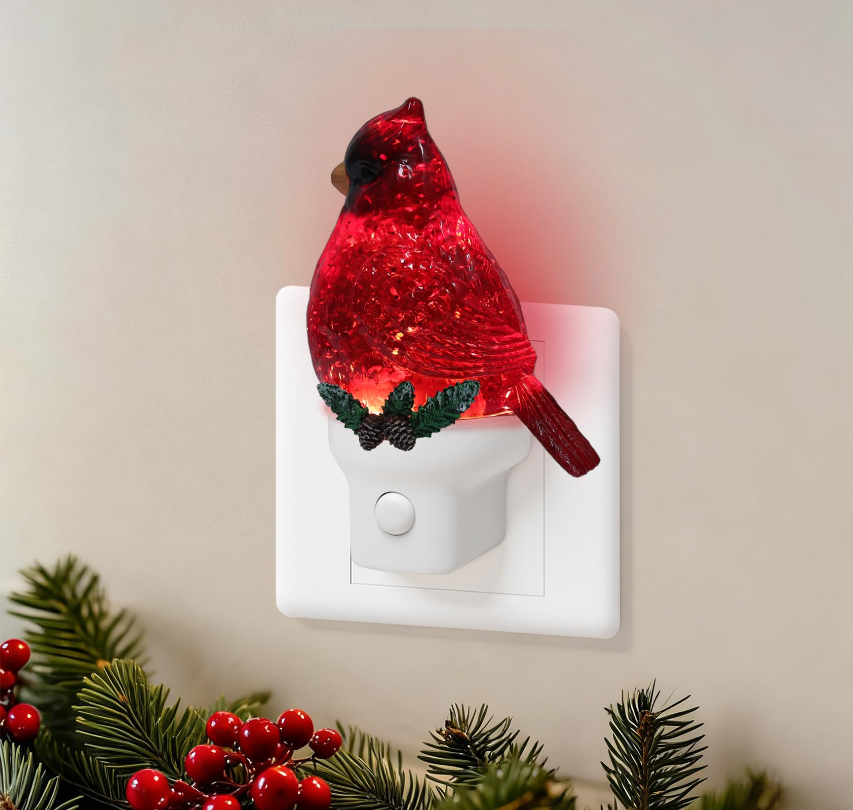 Christmas Cardinal Night Light Plug into Wall Glitter Water Nightlight with USB/Outlet Options  Christmas Decorative Nightlight for Bedroom Kitchen Nursery Hallway Holiday Decorations Gifts (Cardinal)