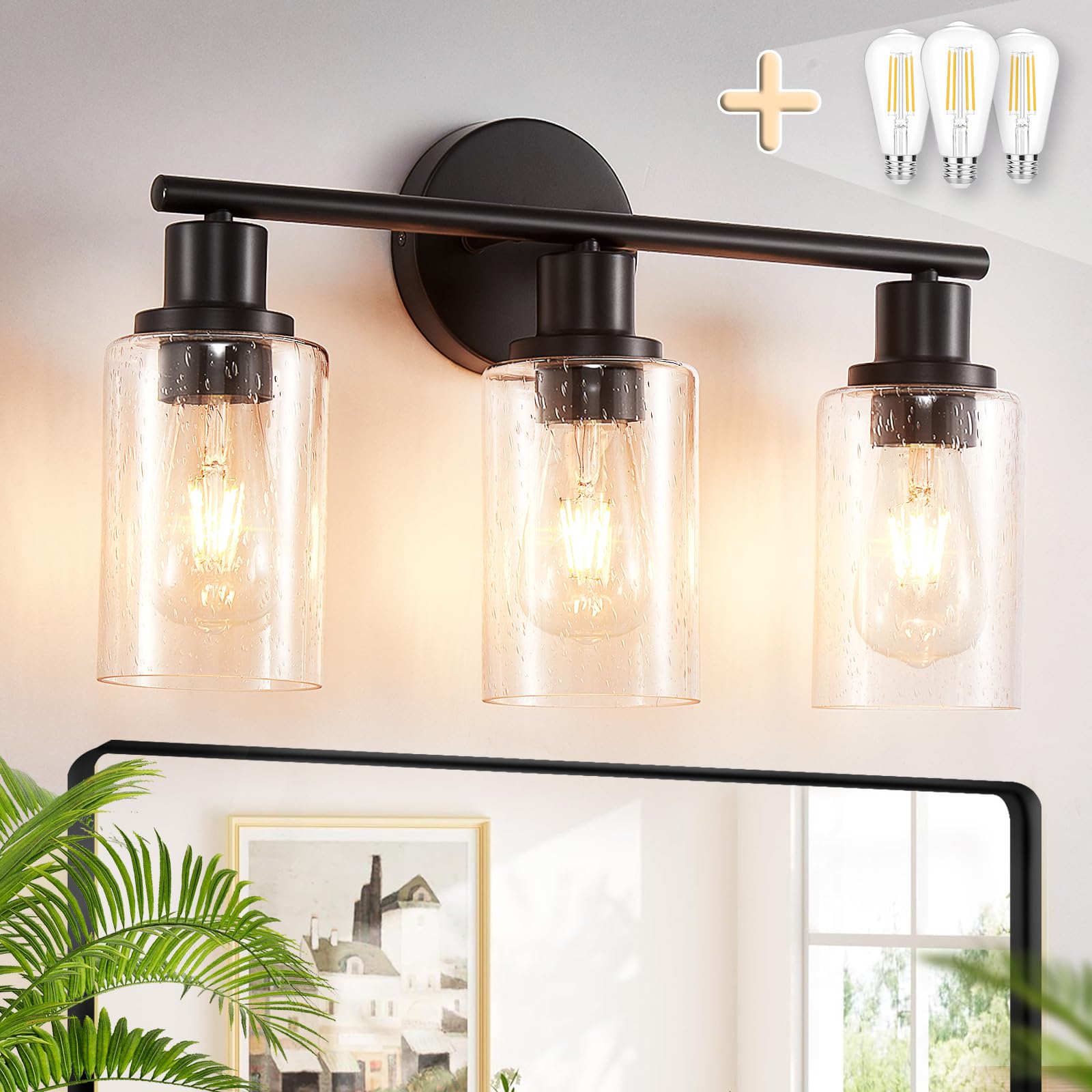 Dllt 3-Light Bathroom Light Fixtures: Black Modern Vanity Lights With 3 E26 Bulbs - Bubbled Glass Shade Bathroom Wall Lamp For M