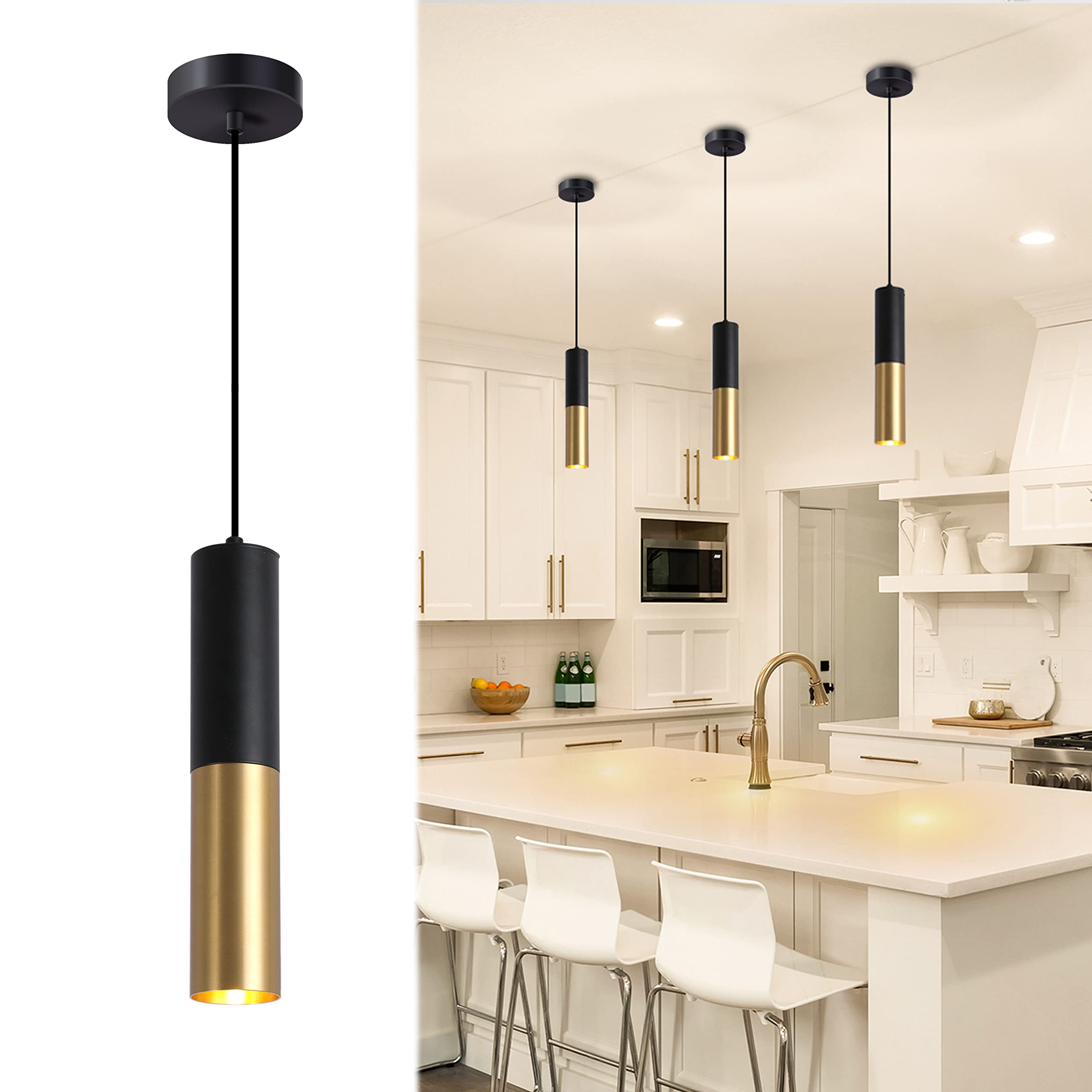 Omgomne Modern Pendant Light Fixture Kitchen Island,1-Light Black Gold GU10 Hanging Light Cord Adjustable Cylinder Pendants Lamp