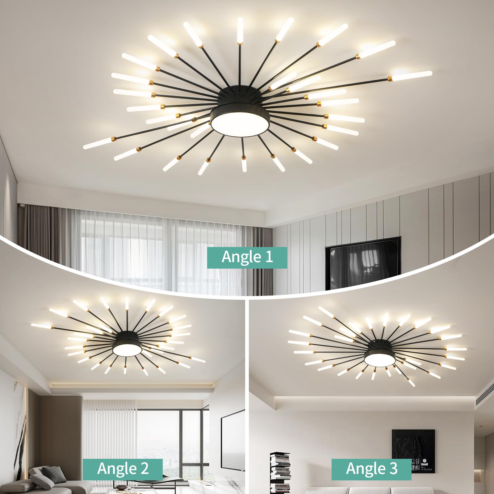 Ziidoo Modern Ceiling Light  28+1 Lights Metal Firework Designed Chic Led Lighting Fixture For Farmhouse Kitchen Dining Room Bedroom Hallway Living Room (Black)