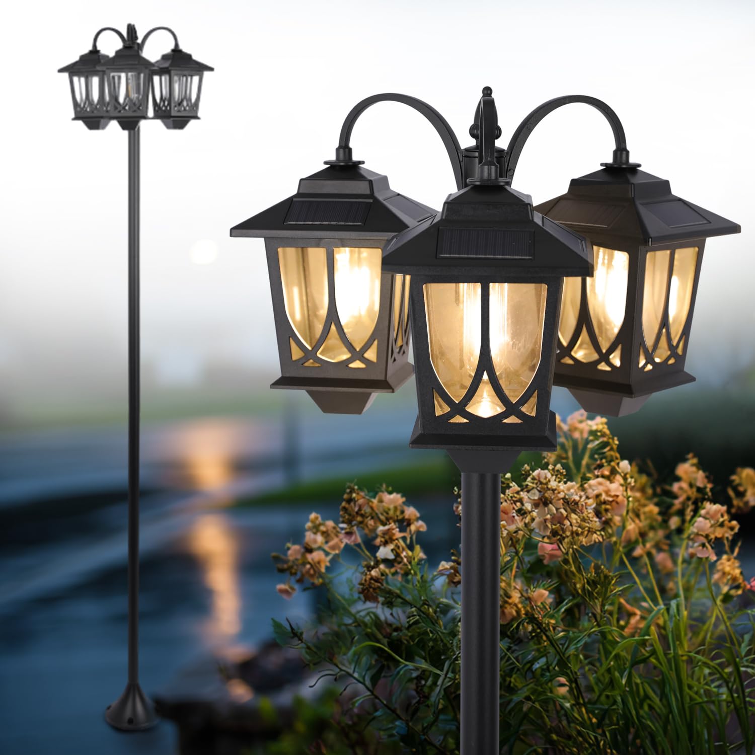 SAKSIAPRO 3-Head Solar Lamp Post Light  73 Solar Lights Outdoor Waterproof  60Lm 3000K Pathway Lights for Garden  Lawn  Yard