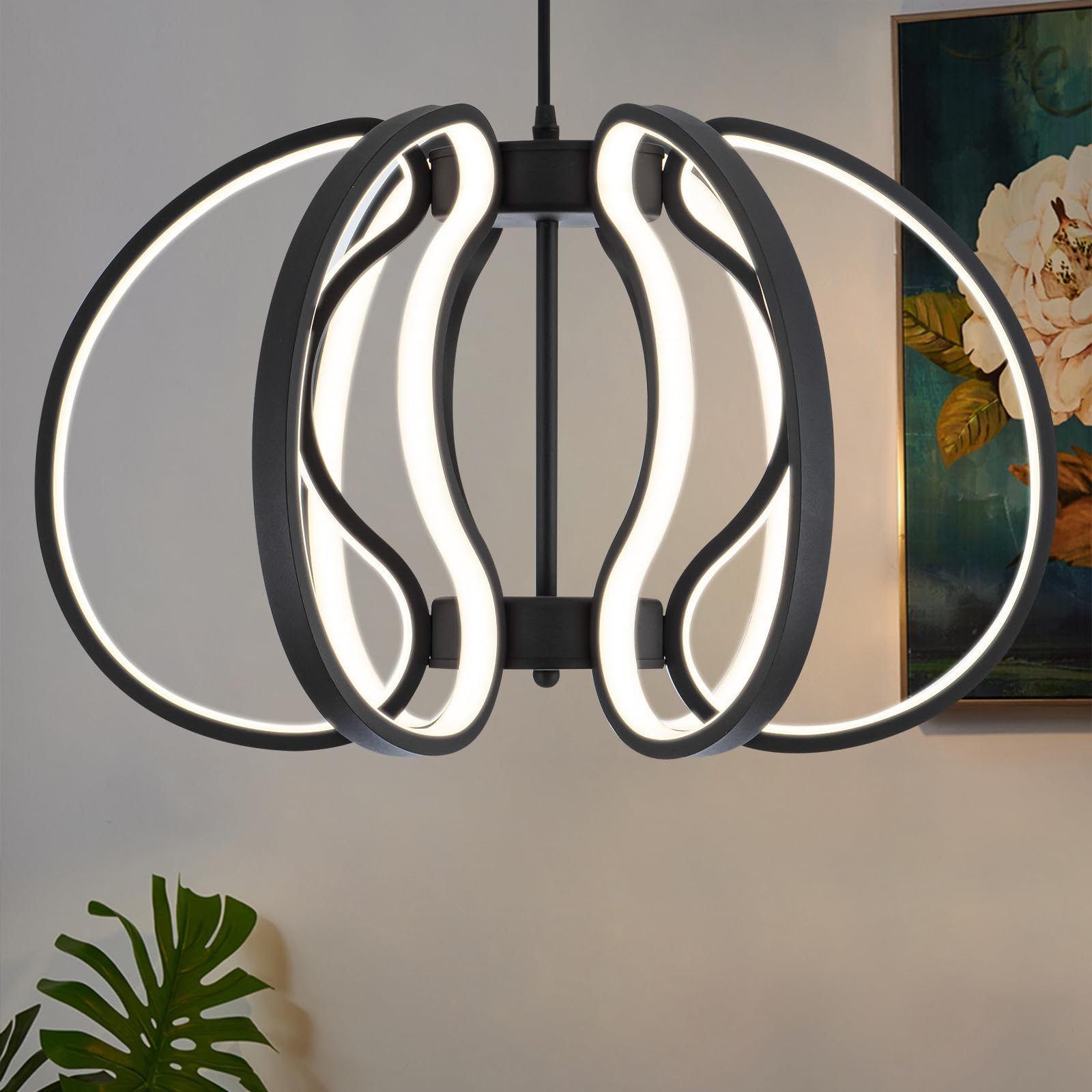 CHYING Modern Black Chandelier Dimmable LED Chandelier with Remote 3000K-6000K Industrial Cage Pendant Light for Kitchen Island 