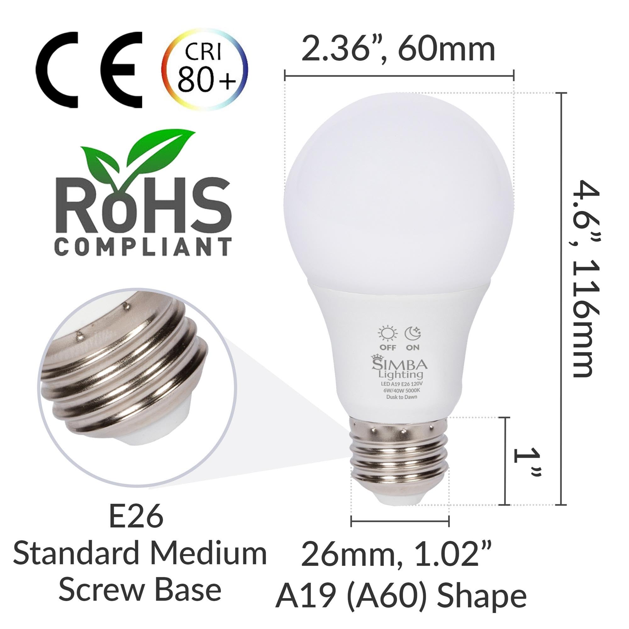 Simba Lighting Led Outdoor Light Bulbs, 4 Pack, Dusk To Dawn, E26, 5000K Daylight,