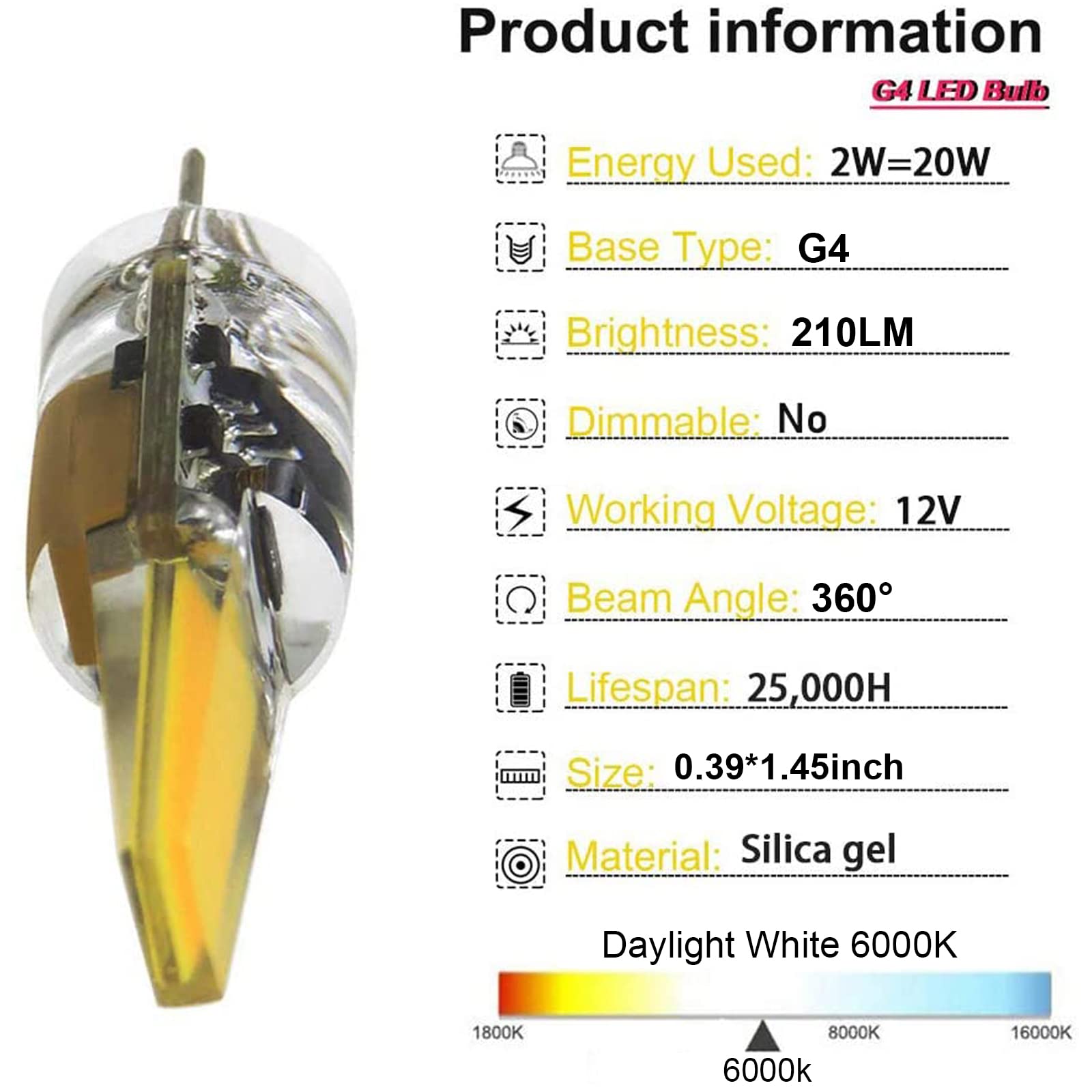 G4 Led Bulb 2W Equivalent To 20W T3 Jc Type Bi-Pin G4 Base Halogen Bulb, Ac/Dc 12V Daylight White 6000K G4 Bulb For Under Cabine