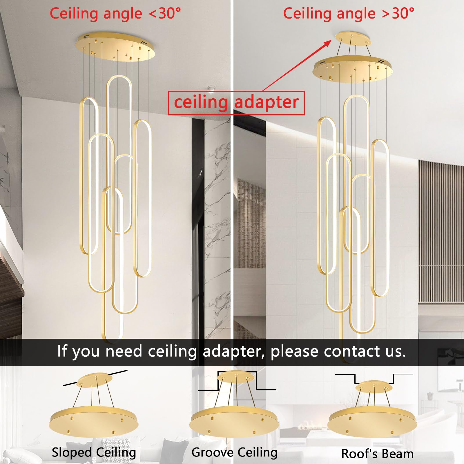 dolria 6-Rings LED Chandelier, Gold Flush Mount Light, 40in x 7.9in, Dimmable, Remote Control, Model PC1013-6*100G