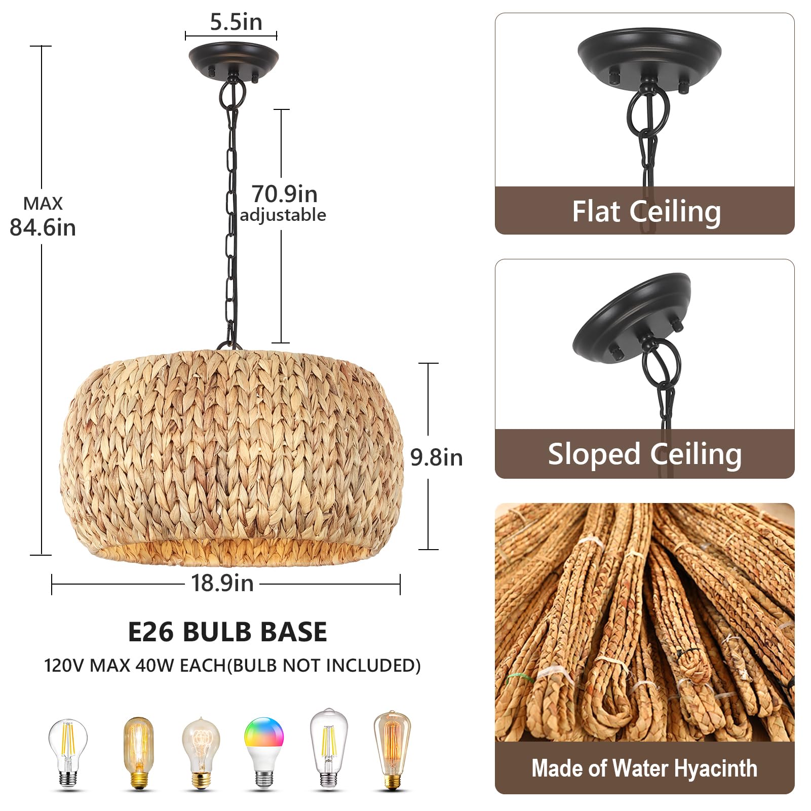 Pauful Farmhouse Boho Chandelier, 5-Light With Water Hyacinth Lampshade, For Dining Room, Kitchen Island, Bedroom, Living Room