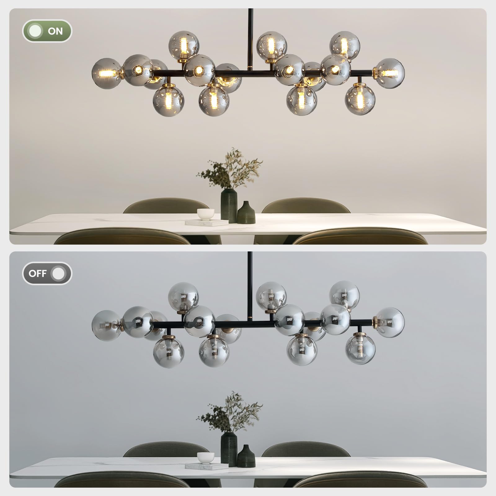 CROSSIO 16 Lights Mid Century Modern Chandelier Black Iron Glass Globe Pendant Light Fixture for Dining Room Kitchen