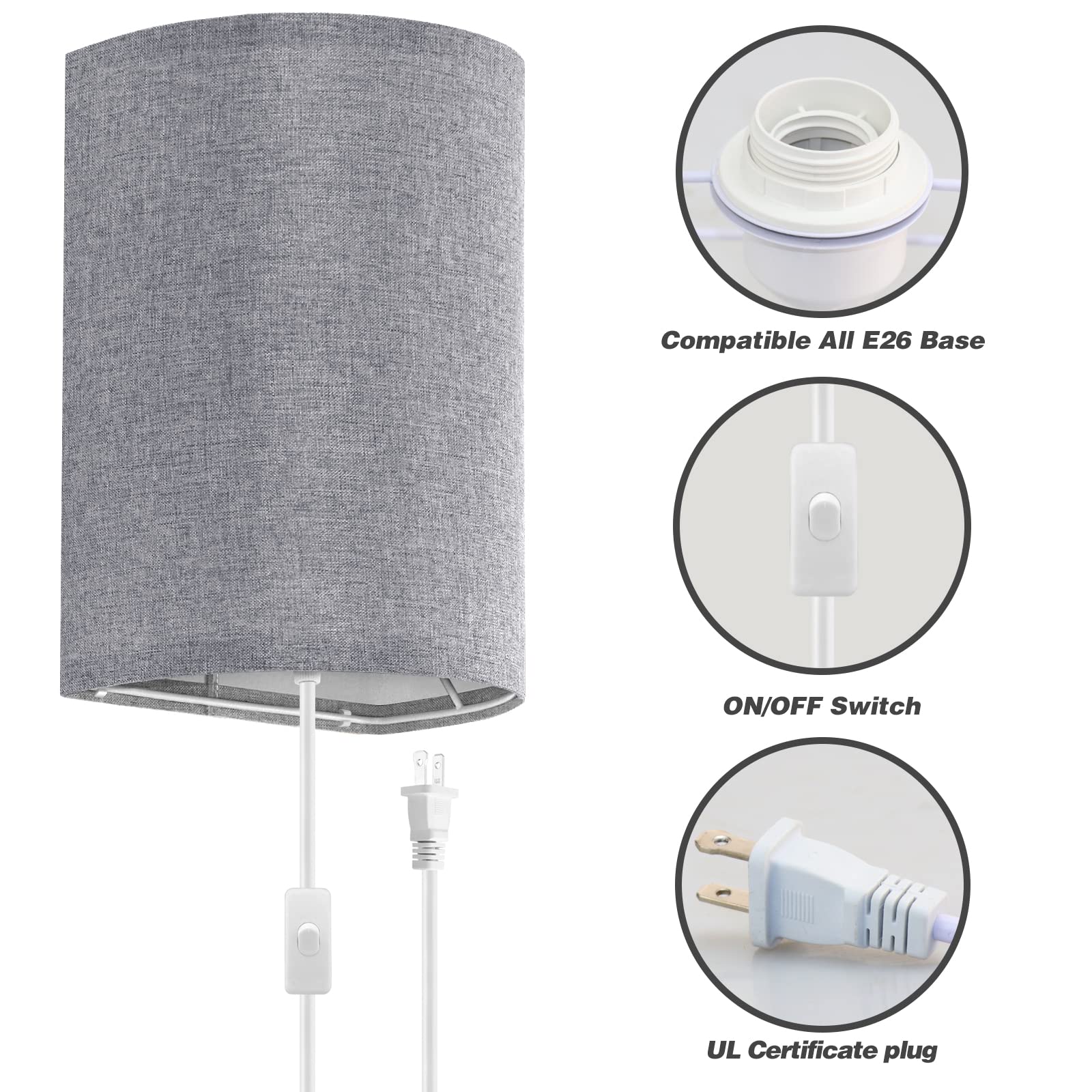 Beser·Win Wall Sconces Set Of Two, Gray Fabric Shades, Modern Plug-In Light Fixtures