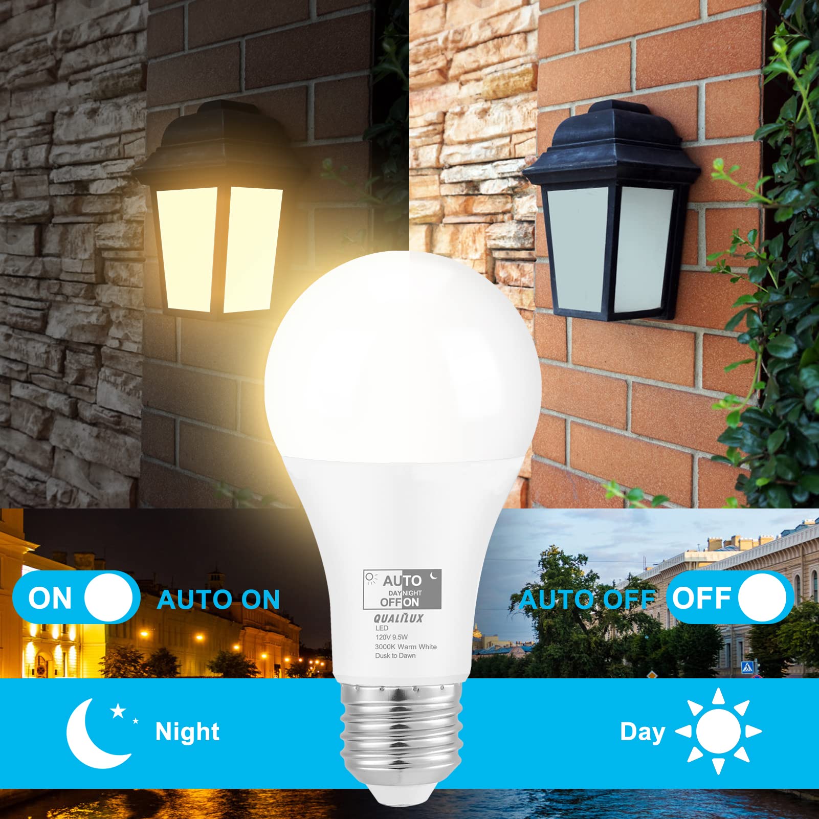 Qualilux Dusk to Dawn LED Light Bulbs, 60W Equivalent, Warm White 3000K, E26 Base, 9.5W, 850 Lumen, 2