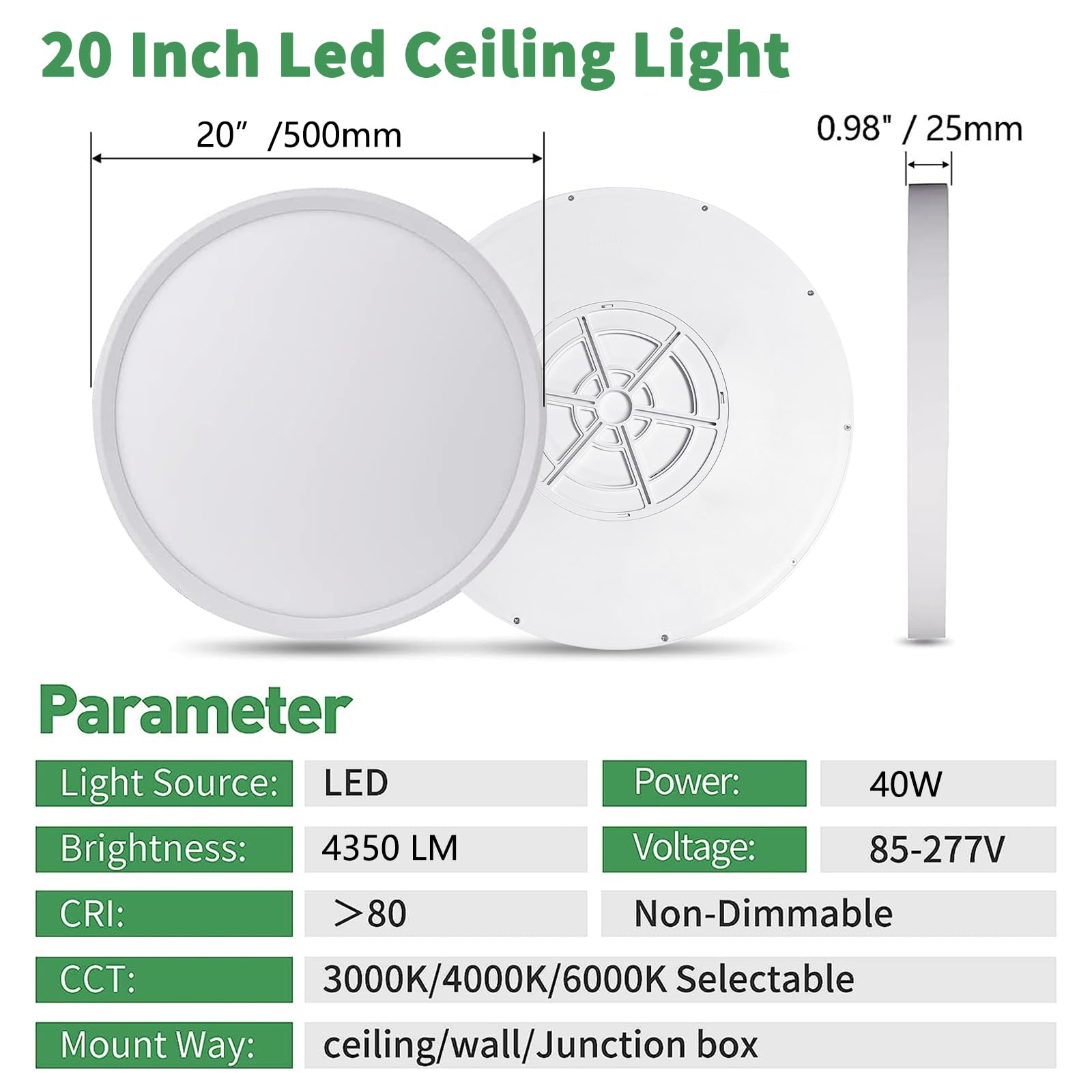 20 Inch Large Led Flush Mount Ceiling Light, 40W,4350Lm, 3000K/4000K/6000K Cct Selectable,White Round Flat Panel Light Low Profi