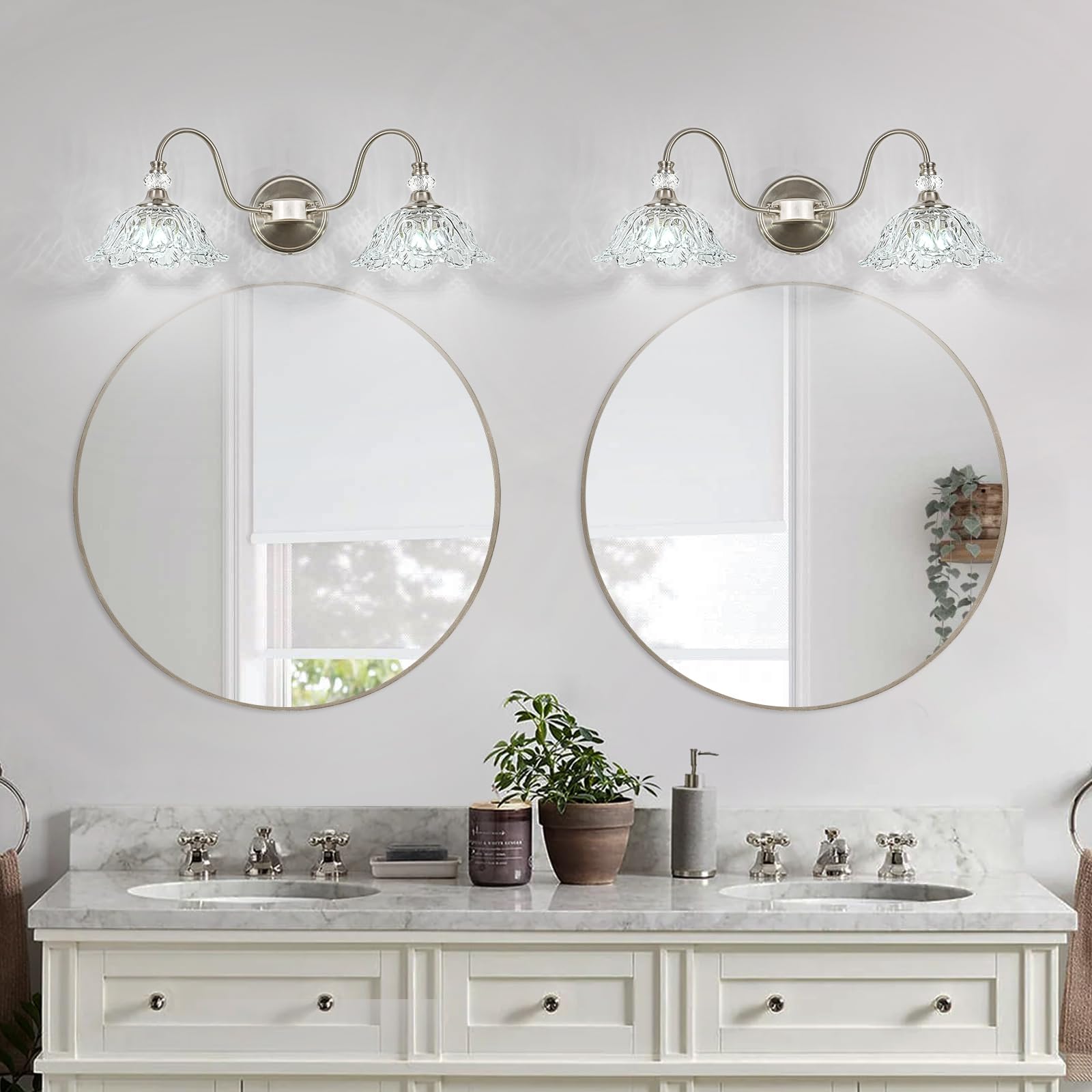 Sunkryster 2-Light Brushed Nickel Bathroom Vanity Light with Floral Glass Shades, Model Sun-104AB-2-Nickel