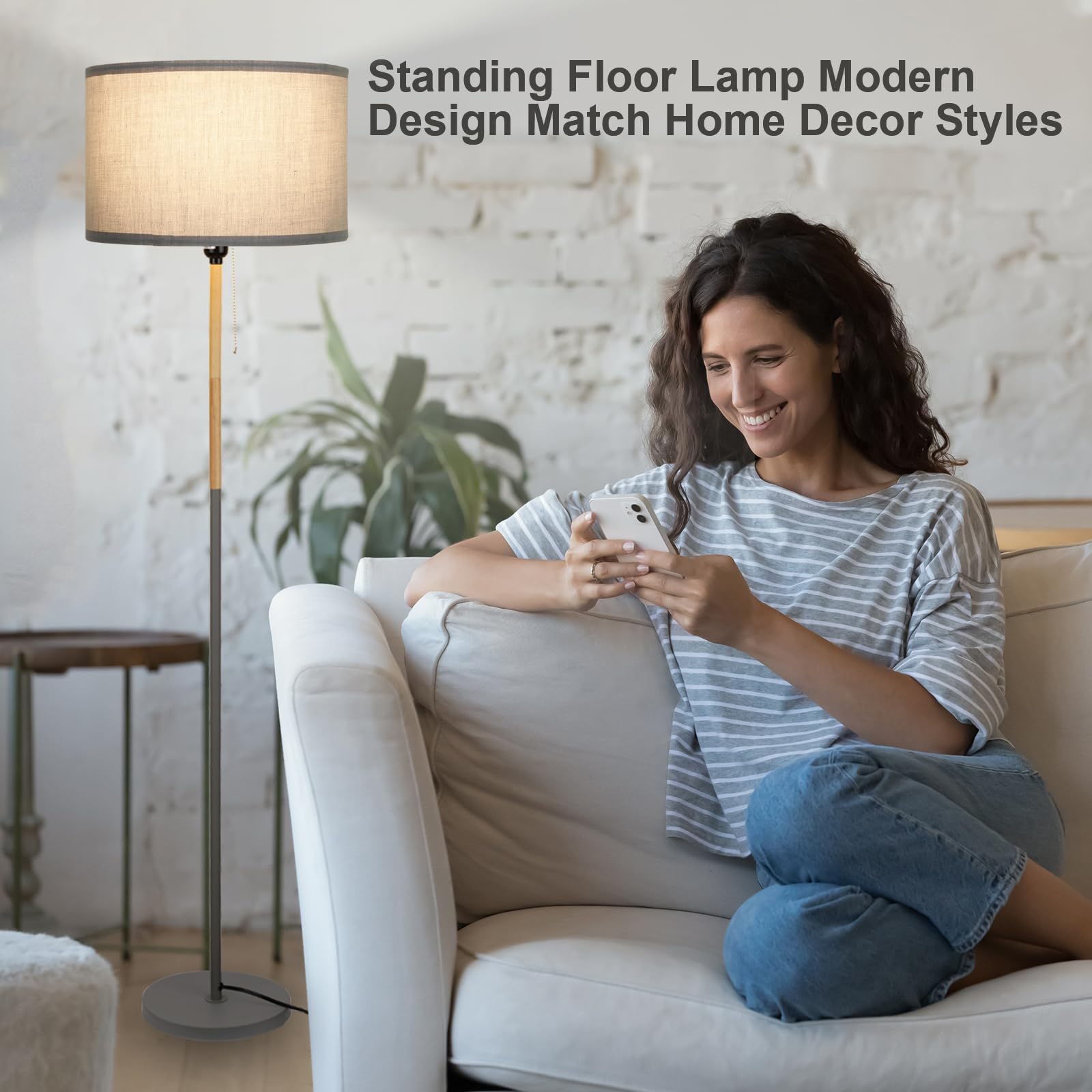 LALISU Modern Floor Lamp - Gray Metal with Linen Shade, Mid-Century Design for Living Room, Bedroom, and Office