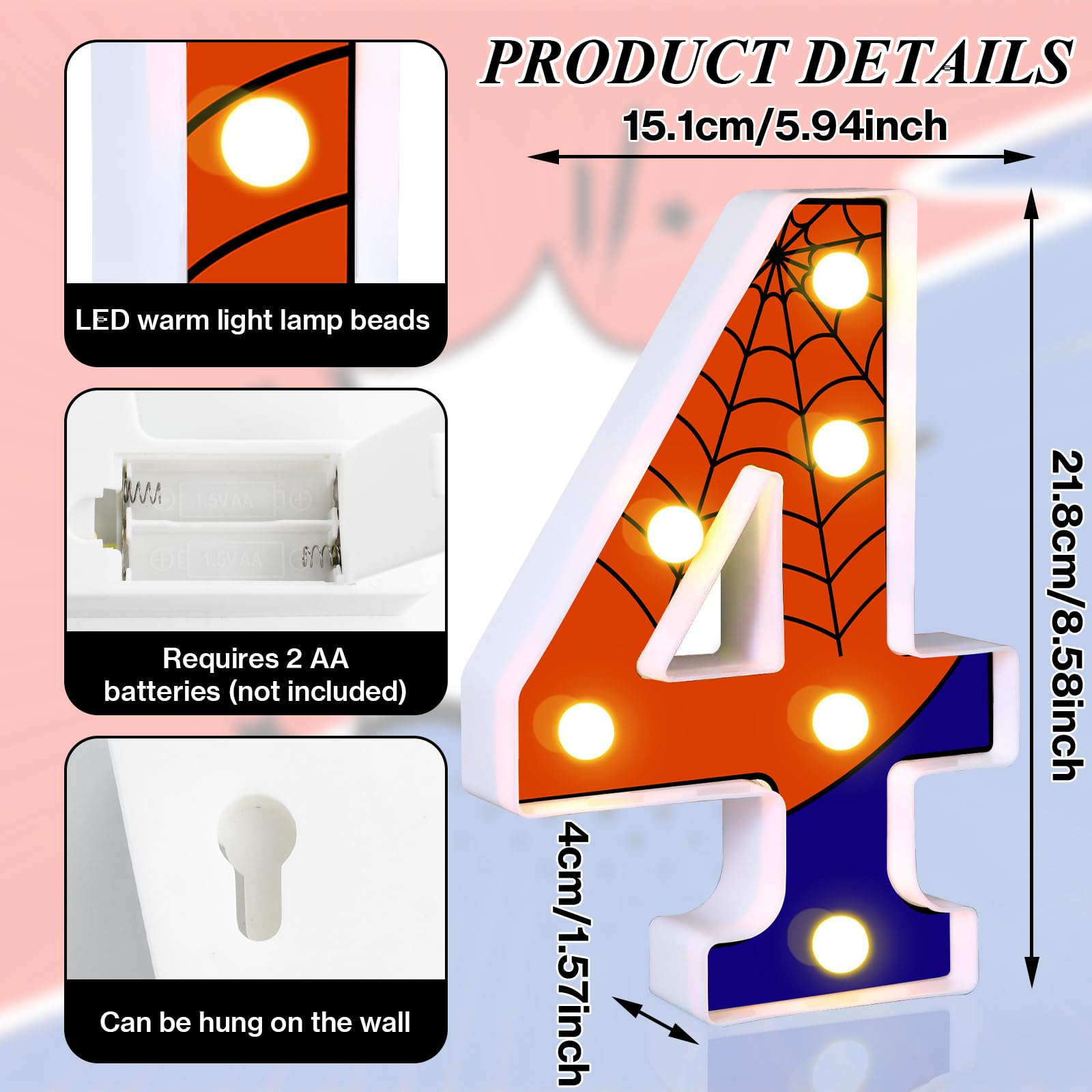 AXBMM Light Up Spider Birthday Sign, Number 4, LED, 8.5in, Blue/Red, Plastic