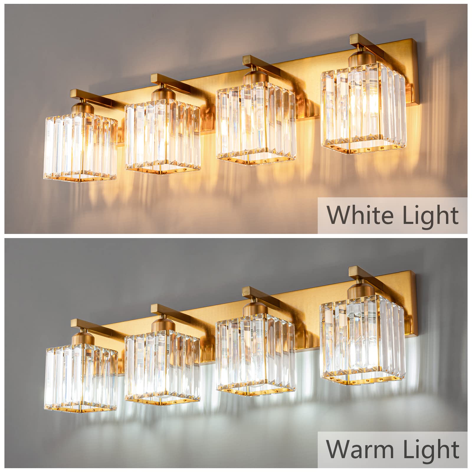 Fdpby Modern 4-Light Gold Brushed Brass Finish Crystal Bathroom Vanity Light Fixtures