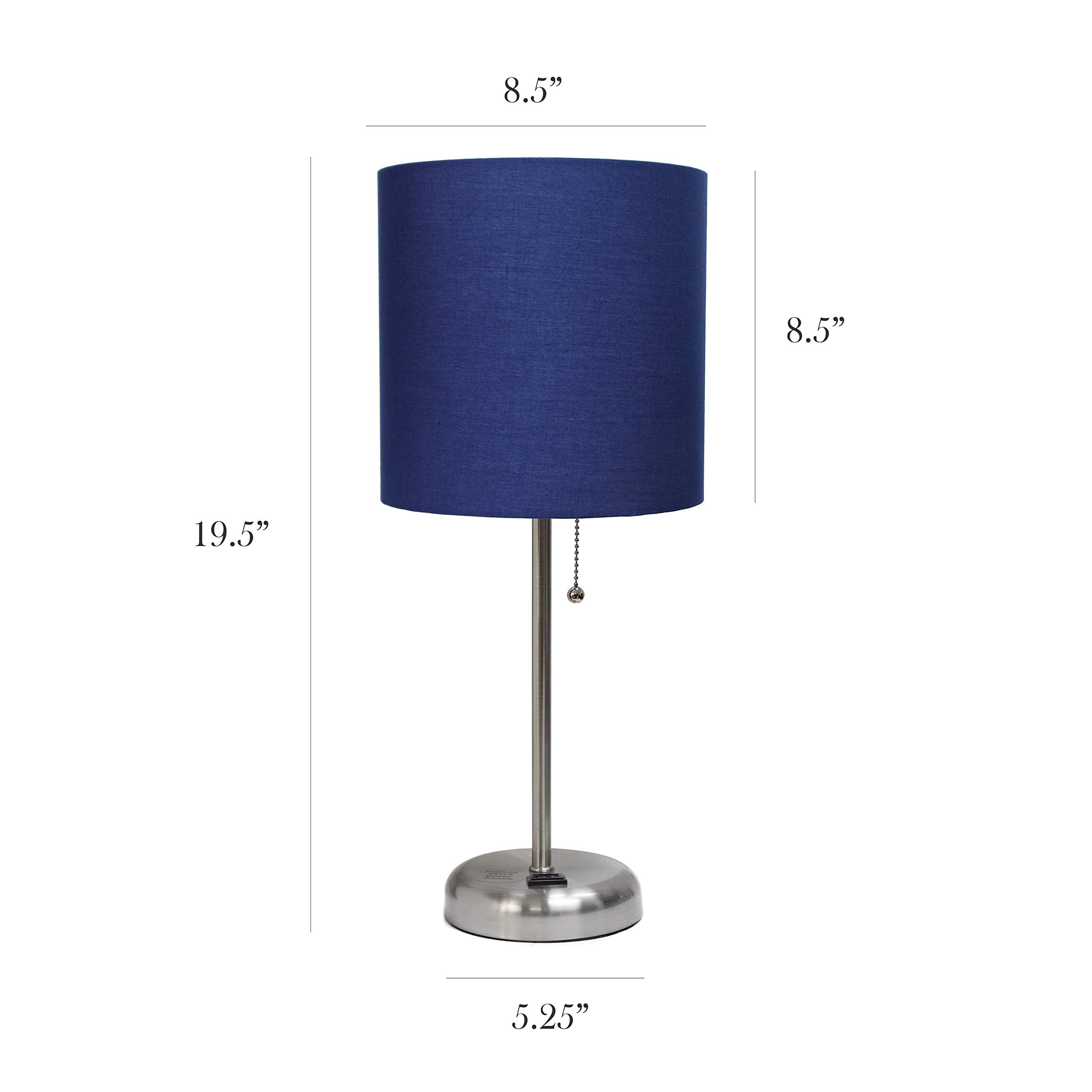 Simple Designs Lc2001-Nav-2Pk Brushed Steel Stick Table Lamp Set With Charging Outlet And Navy Blue Fabric Shades, 2 Pack Set