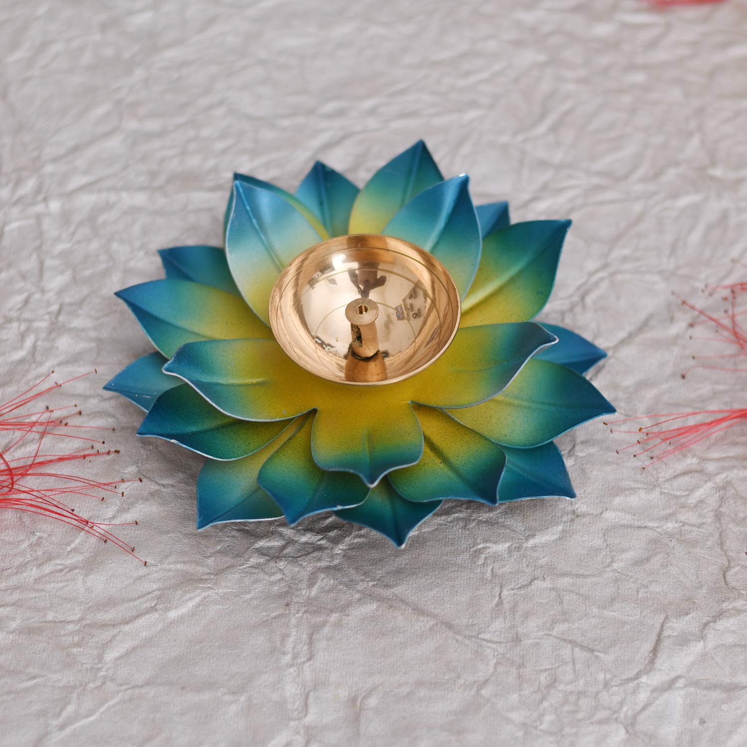 Collectible India Lotus Diya Puja Oil Lamp - Metal Handpainted Deepak -Home Temple Puja Articles Decor (Blue 5.5 X 1.5 Inch)