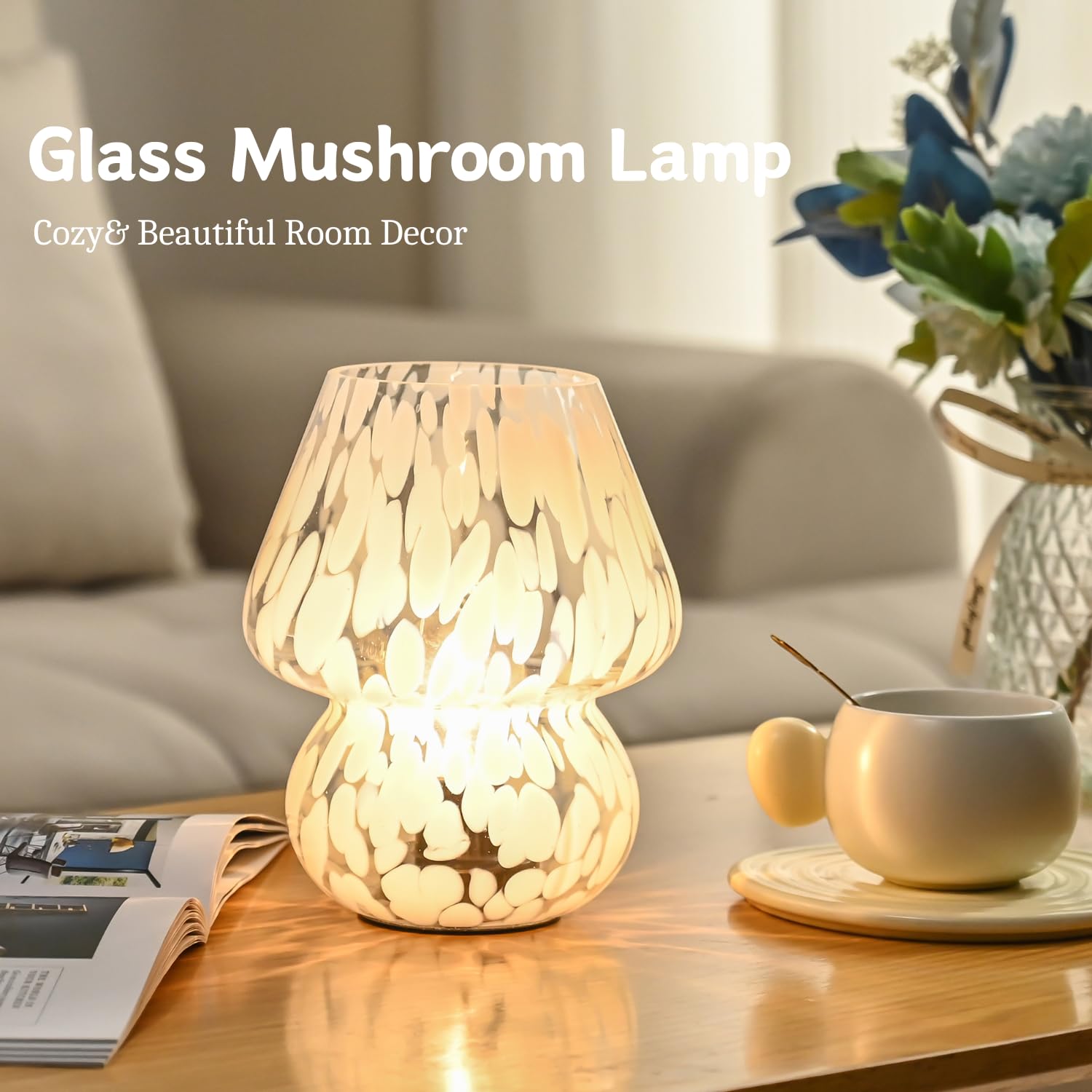 Aomoonoa Glass Mushroom Lamp, Small Mushroom Desk Lamps With Led Bulb For Kitchen Counter, Cozy Lamp For Bedroom Nightstand, Bat