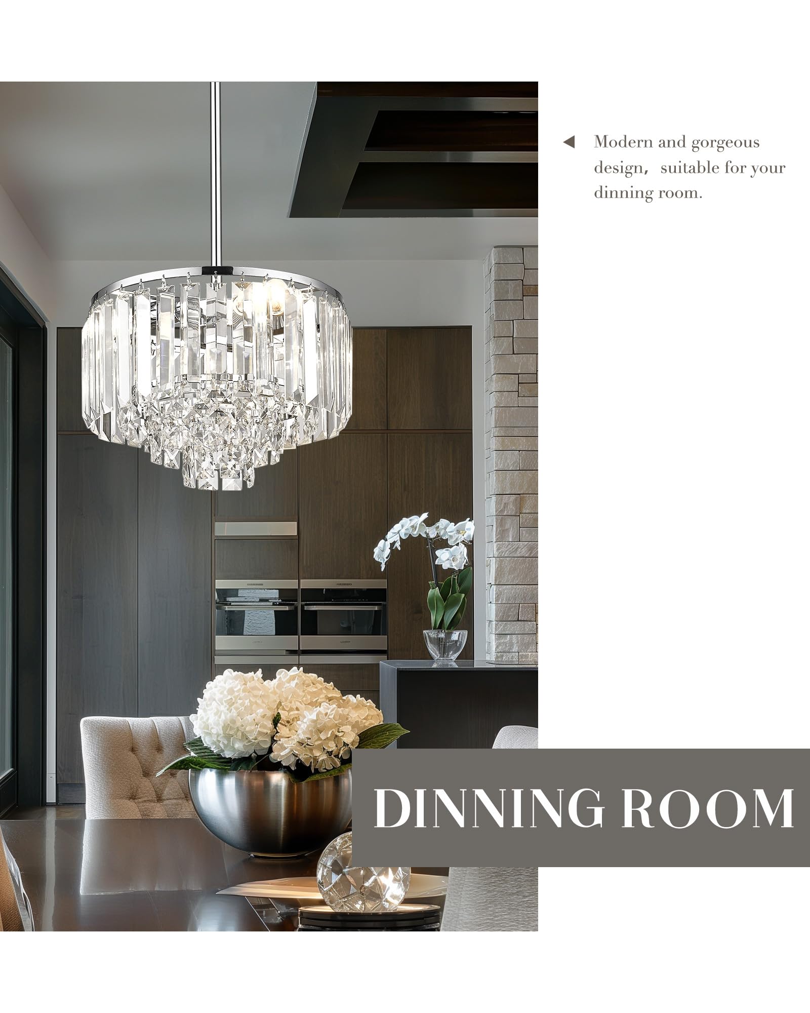 Cargifak Crystal Chandelier - 4-Tier Modern Pendant Light, 11" Polished Chrome, Ideal for Dining Room, Kitchen Island, Bedroom, Model CKCC4215-3W