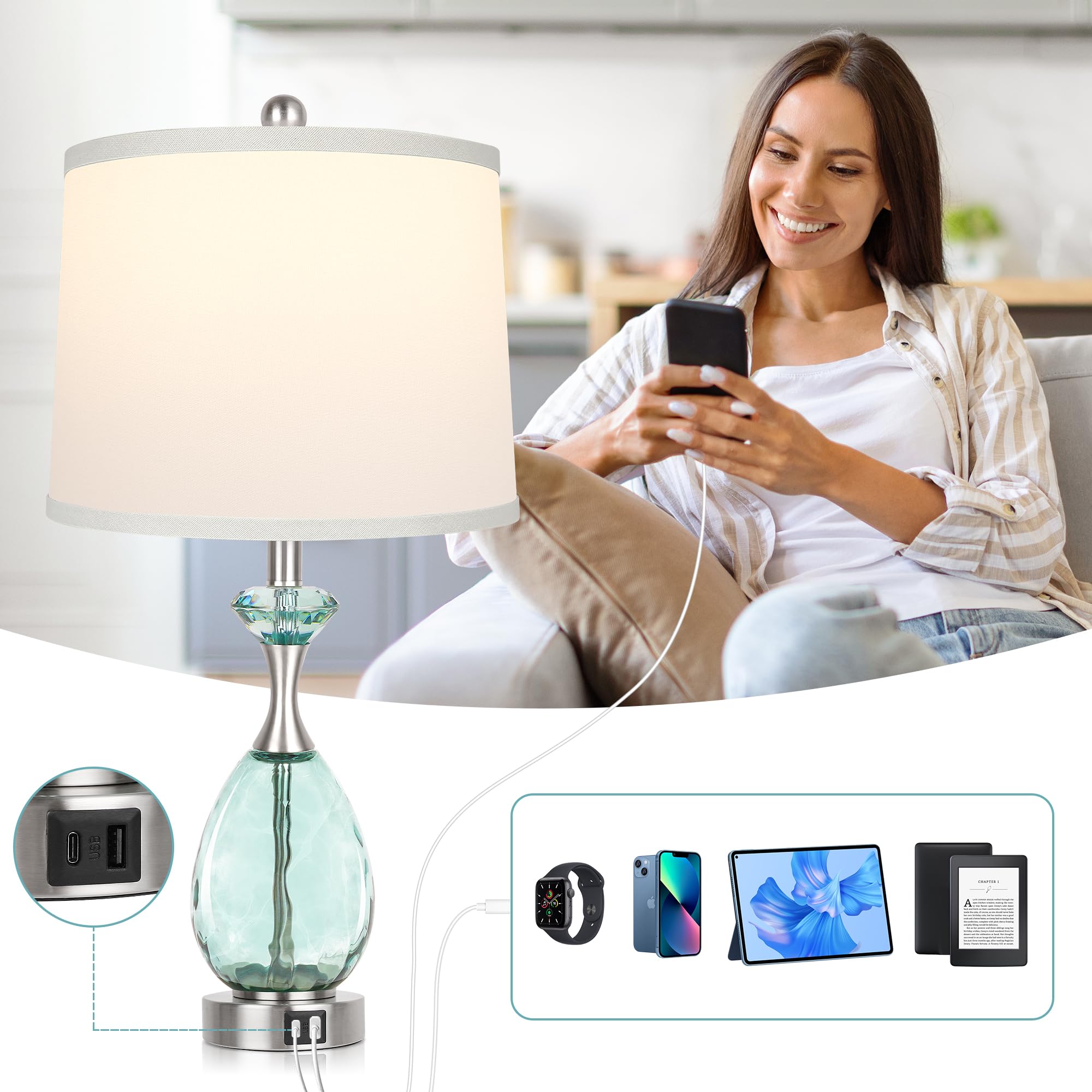 Hamucd 26" Coastal Glass Table Lamps Set of 2, 3-Way Dimmable Touch Control, Blue Nautical with USB Ports, Modern Beach Decor
