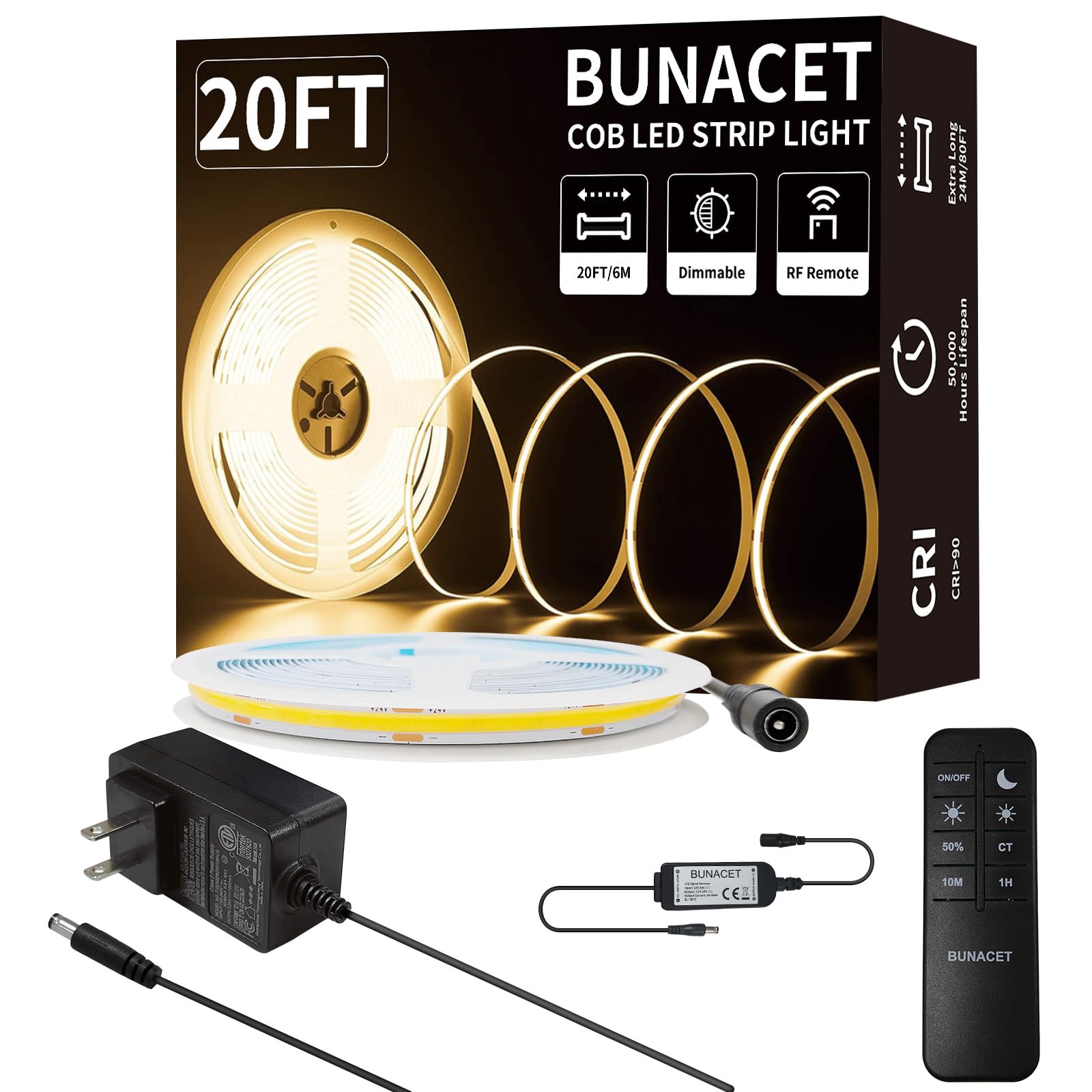 Bunacet Cob Led Strip Lights  Bright Cob Led Lights 20Ft Led 3000K Cool White Dimmable Led With Rf Remote Under Cabinet Lighting For Bedroom Counter Kitchen