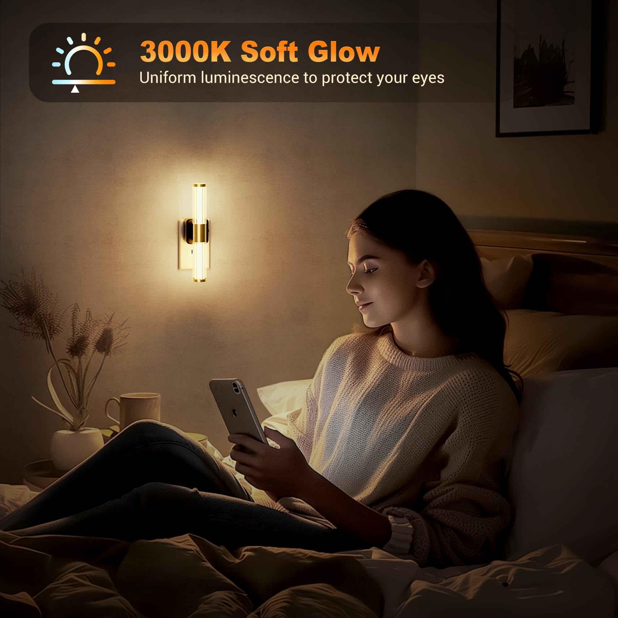 JandCase Night Light, Dimmable 0-100LM, Soft White 3000K, Plastic, 1 Pack, Gold-3000K, Model C-GY22602US