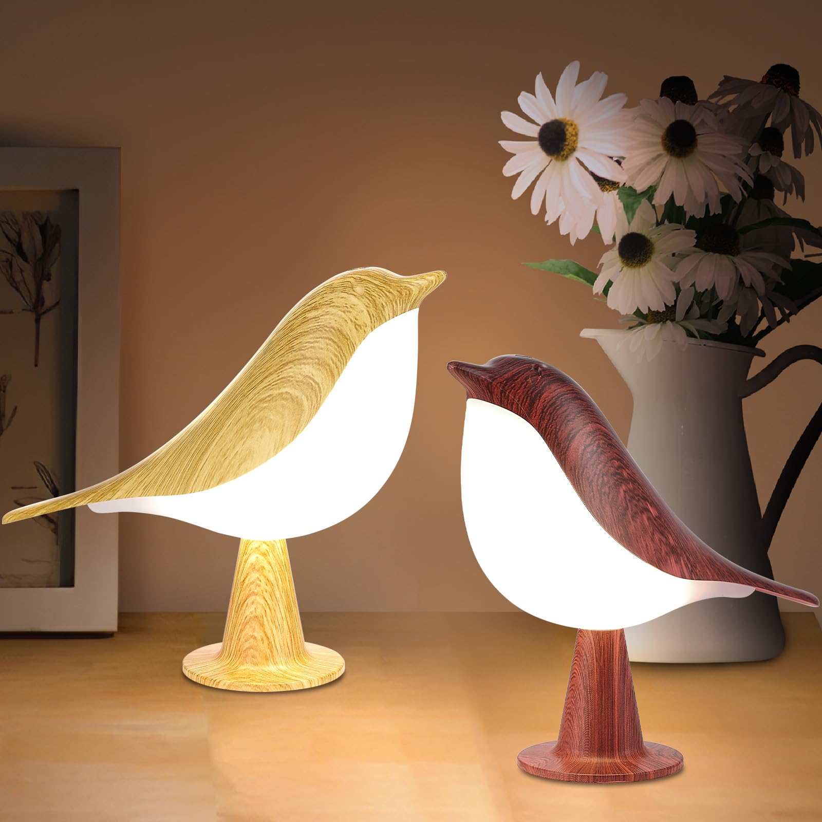 Haotao Bird Table Lamp - 2Pack, Touch Night Light, Cordless, USB Rechargeable, Small, Maple Red, 3-Way Dimmable, 2600mAh Battery