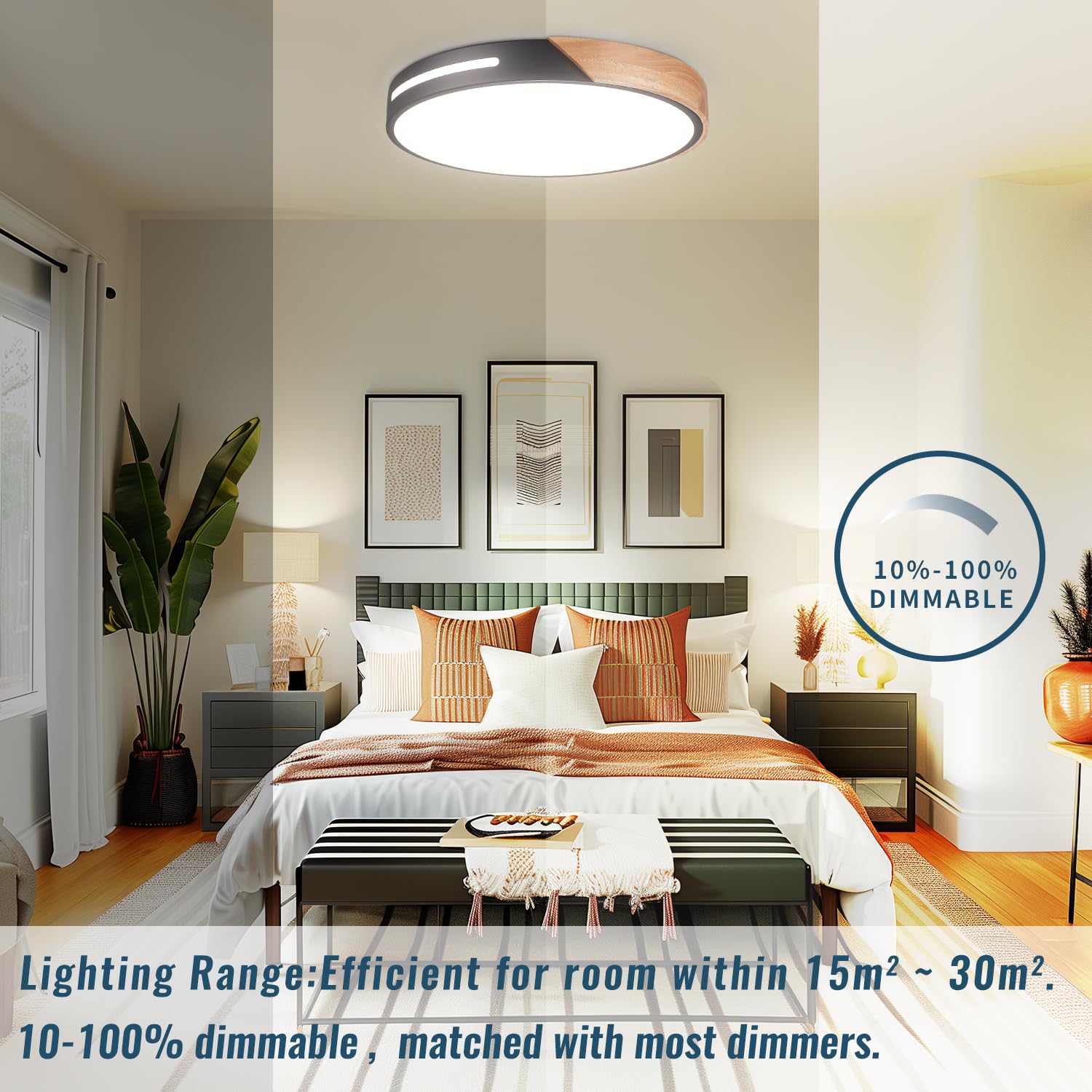 Wheatronic Wood Ceiling Light Flush Mount Led 36W, 16 Inch Flush Mount Black, Kitchen Light Fixtures Ceiling Mount, Dimmable Clo