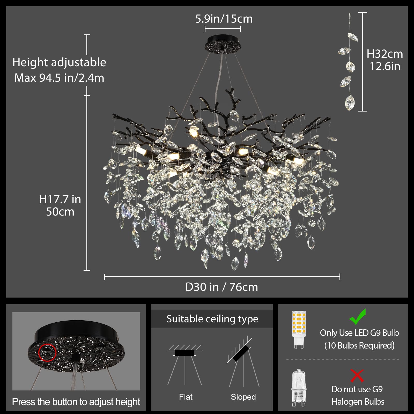 kvtinmty Modern Black Crystal Tree Branch Chandelier, 10-Light 30" Round, Ideal for High Ceilings, Dining Room, Living Room, Kitchen