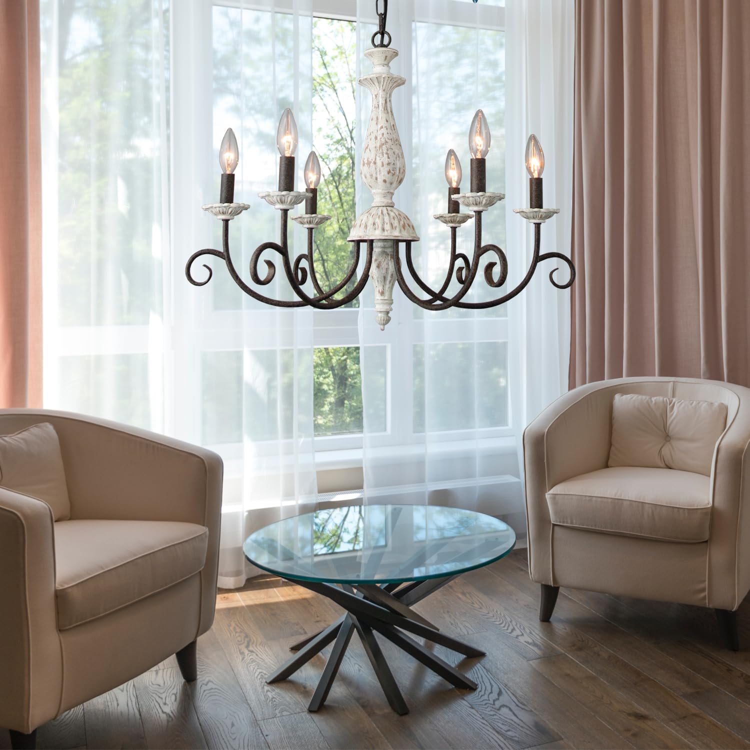 Cawabien Farmhouse Chandelier For Dining Room, 6-Light French Country Lighting Handmade Distressed White Wood Candle Chandelier