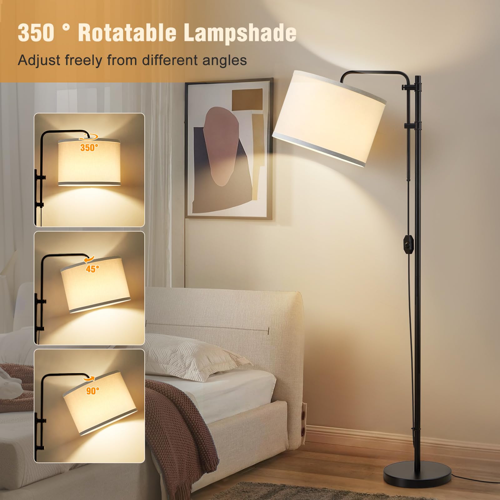 GyroVu Floor Lamp - Adjustable Height, 67.5-Inch, Dimmable, White Fabric Shade, Model 8906367011, Modern Design for Living Room & Office