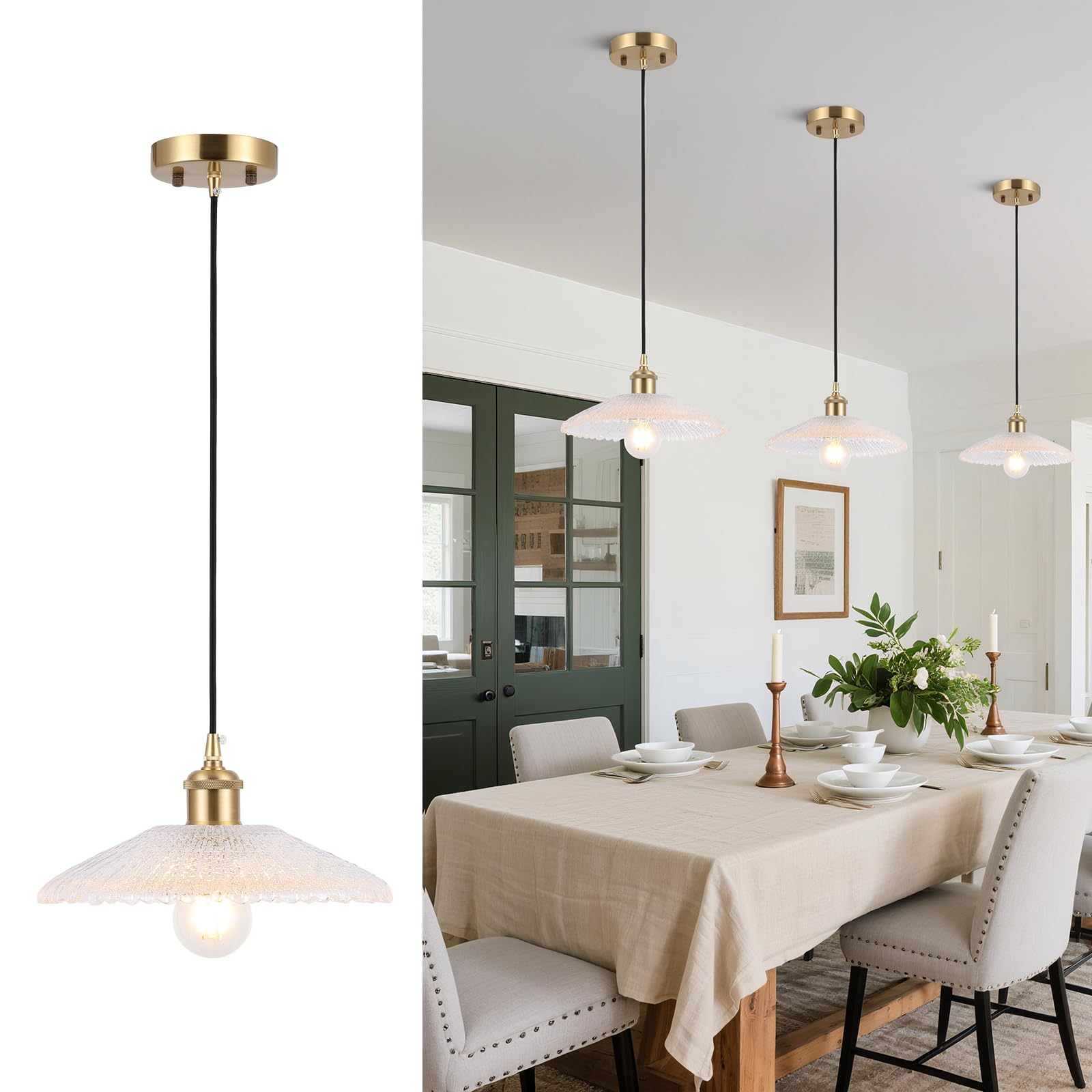 BAODEN Modern Large Pendant Light 11 Inches Water Ripple Clear Glass Shades Brushed Brass Gold Hanging Lamp Farmhouse Adjustable Ceiling Hanging Lights Kitchen Island Dining Room Bedroom