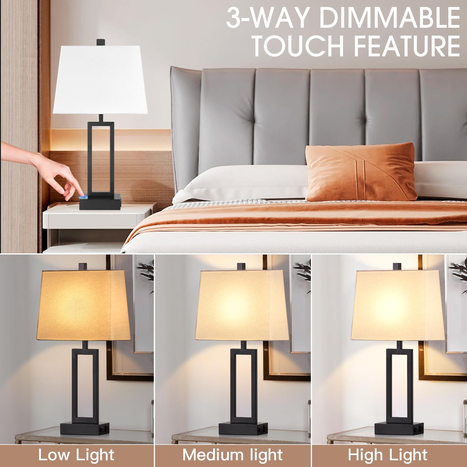 Lolikit 23.5&quot; Touch Control Table Lamps Set Of 2, 3-Way Dimmable With Usb Ports & Ac
