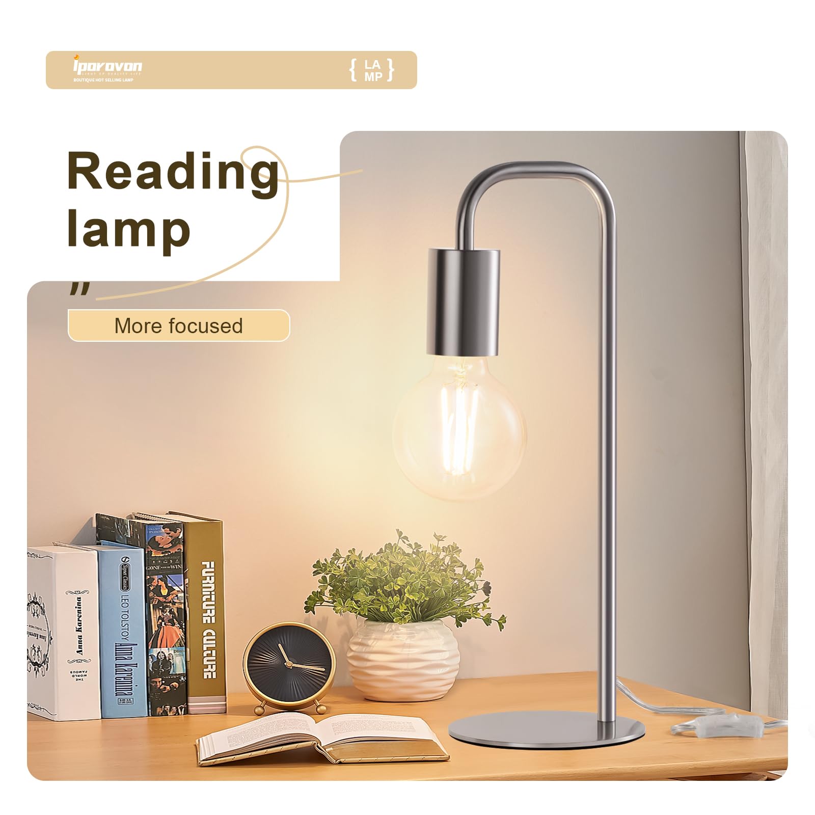 Iporovon Industrial Table Lamp For Bedroom, Small Side Table Lamp For Nightstand With Wire Switch, E26 Socket Base, Modern Desk