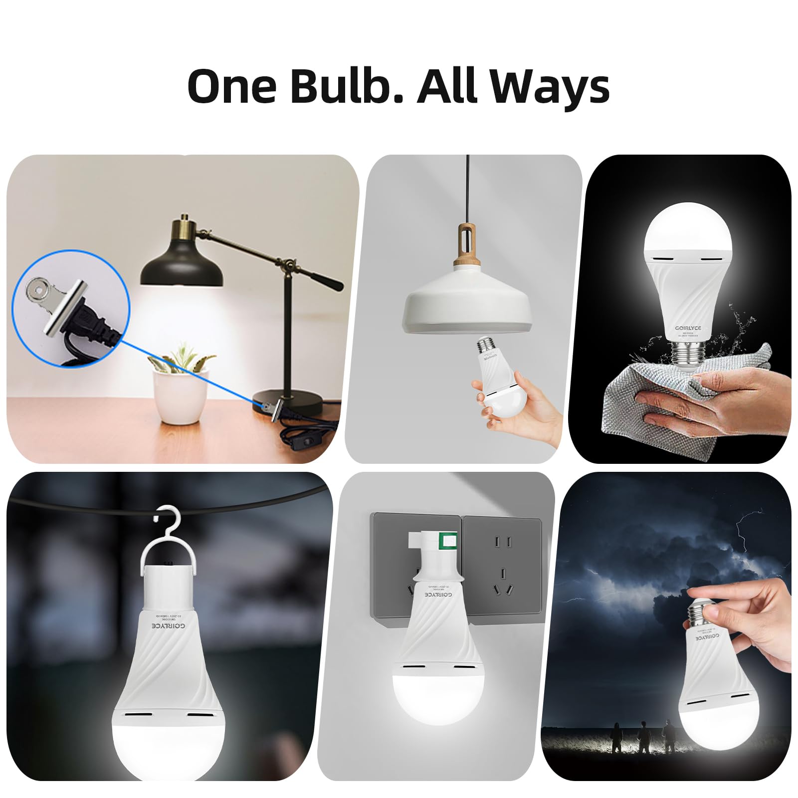 Rechargeable Emergency Light Bulbs, 6 Pack Battery Powered LED Light Bulb with 9W Daylight E27 6500K 1500mAh, Equivalent Self-Ch