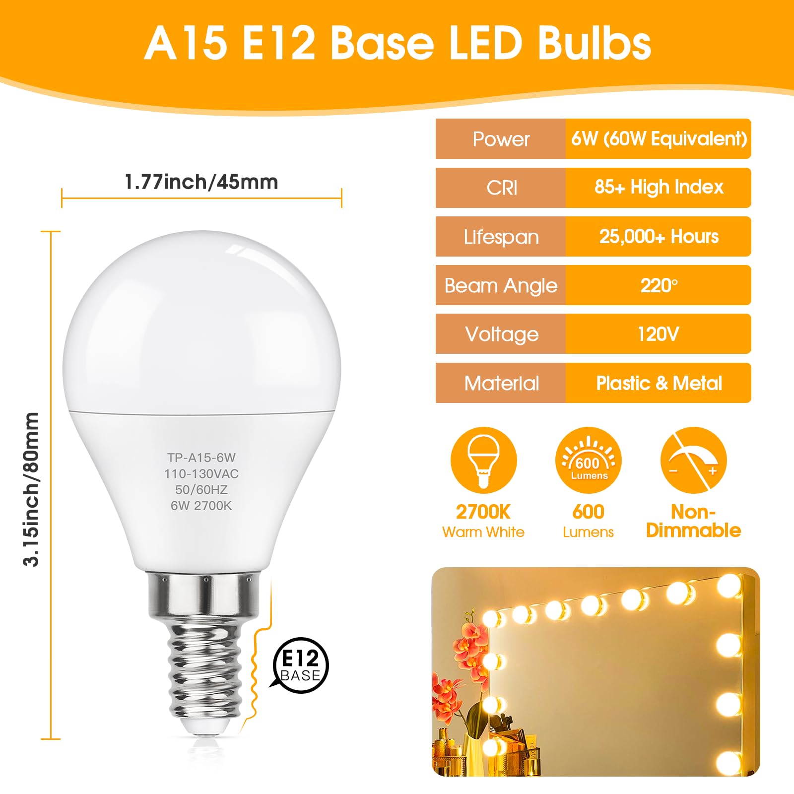 Maxvolador E12 Led 60W Equivalent Warm White 2700K Ceiling Fan Bulbs, 600Lm Cri 85+ Small Base Candelabra Bulbs, 6W Non-Dimmable, Pack Of 6