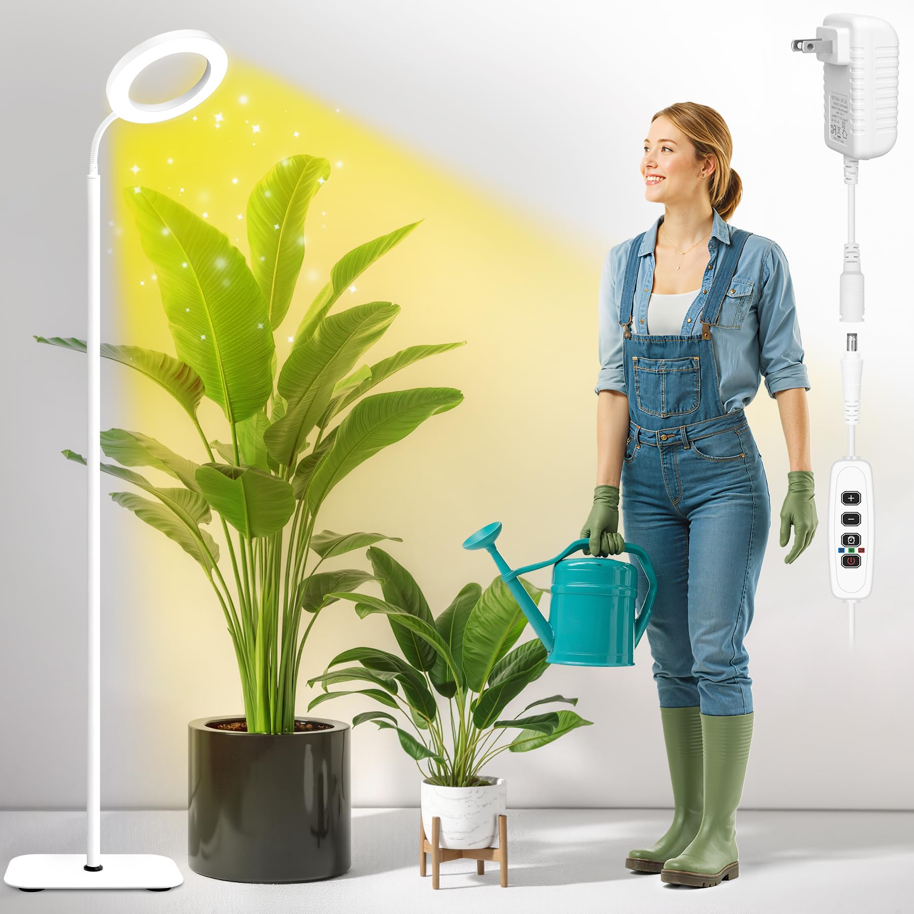 MistyJungle Grow Lights for Indoor Plants Floor Lamp with 63IN Stand Full Spectrum 10 Dimming Halo Ring Warm Light  3/9/12H Timer Height Adjustable Metal Stable Base Growing Light for Tall Small Plant