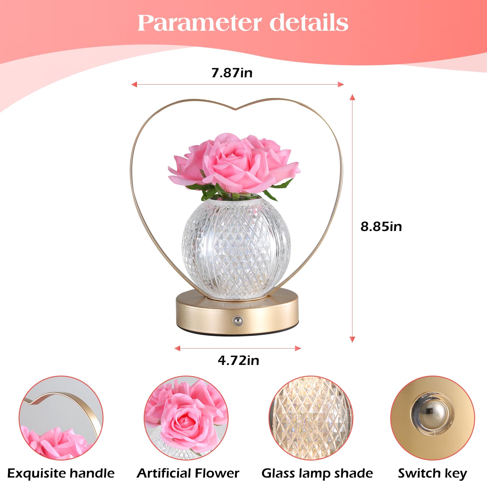 Amwgimi Rose Flower Lamp,Birthday Gifts For Women,Rechargeable Cordless Led Touch Lamps,3-Colour Infinitely Dimming Small Night