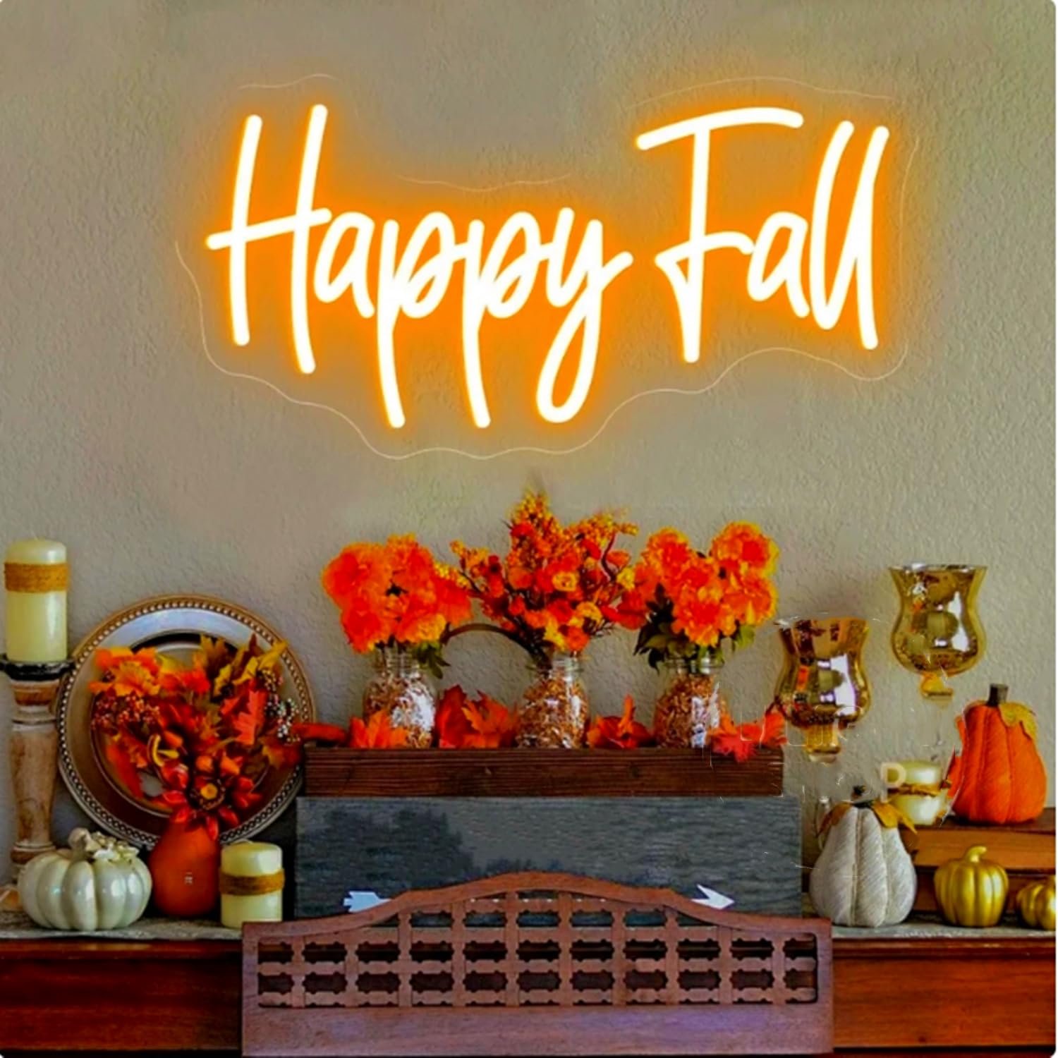 Happy Fall Neon Sign Light Decorative Led Wall Art Night Lamp With Dimmable Switch And Hanging Chain For Autumn Thanksgiving Fireplace Outdoor Garden Door Desktop Hanging Ornaments